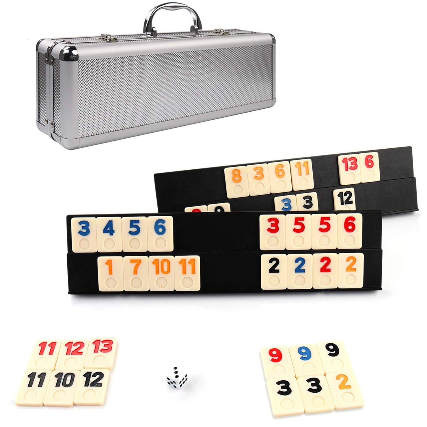 KAILE 106 Rummy Tiles Game – Aluminum Case, 4 Anti-Skid Trays, 2–4 Players | Travel Rummy Cube Set