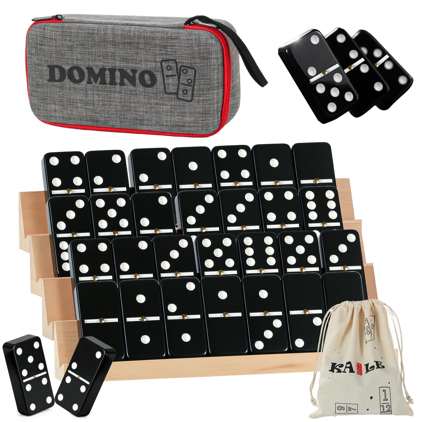 KAILE Jumbo Double 6 Domino Set with Portable Case & 4 Racks – 28 Large Tiles for 2-4 Players