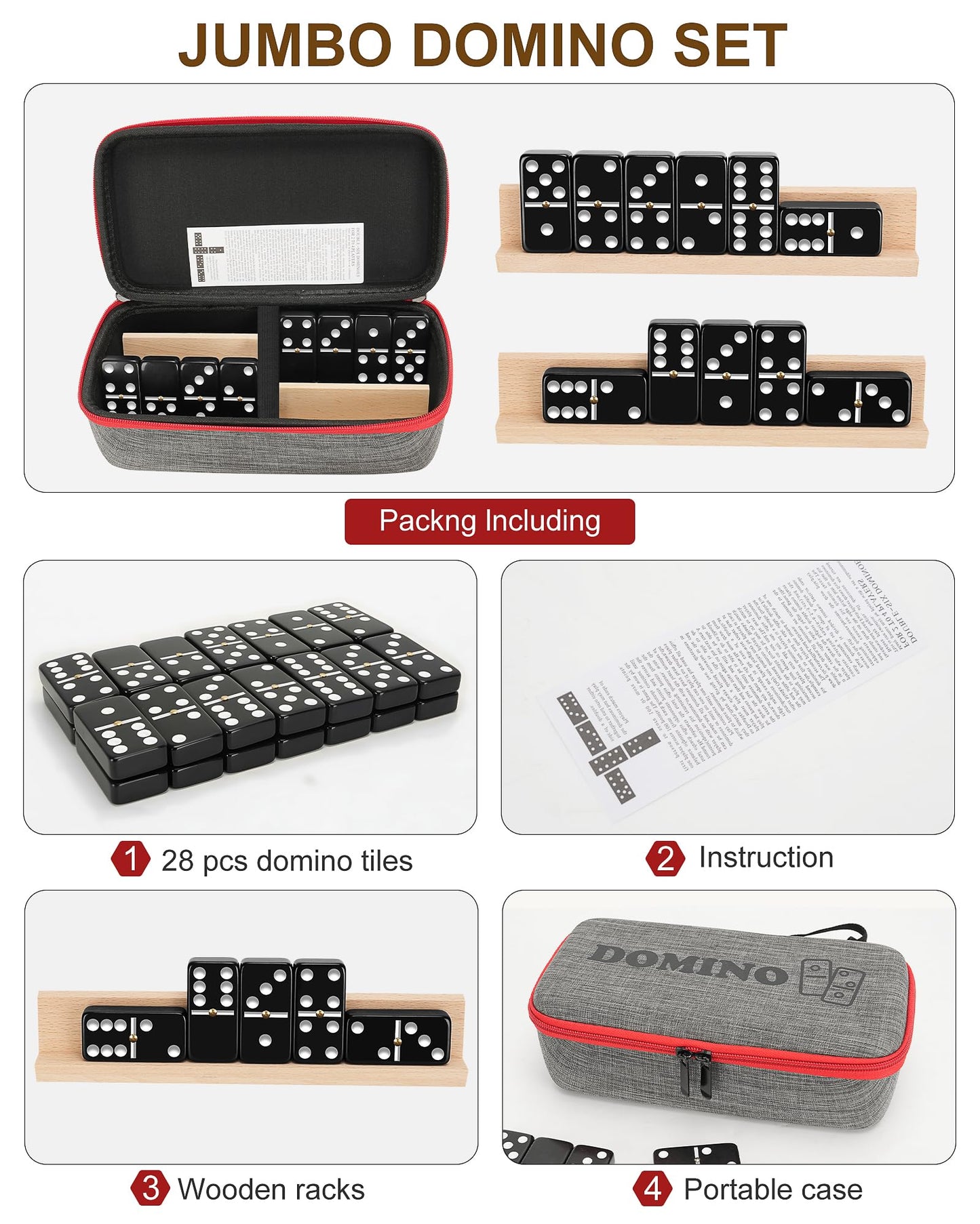 KAILE Jumbo Double 6 Domino Set with Portable Case & 4 Racks – 28 Large Tiles for 2-4 Players