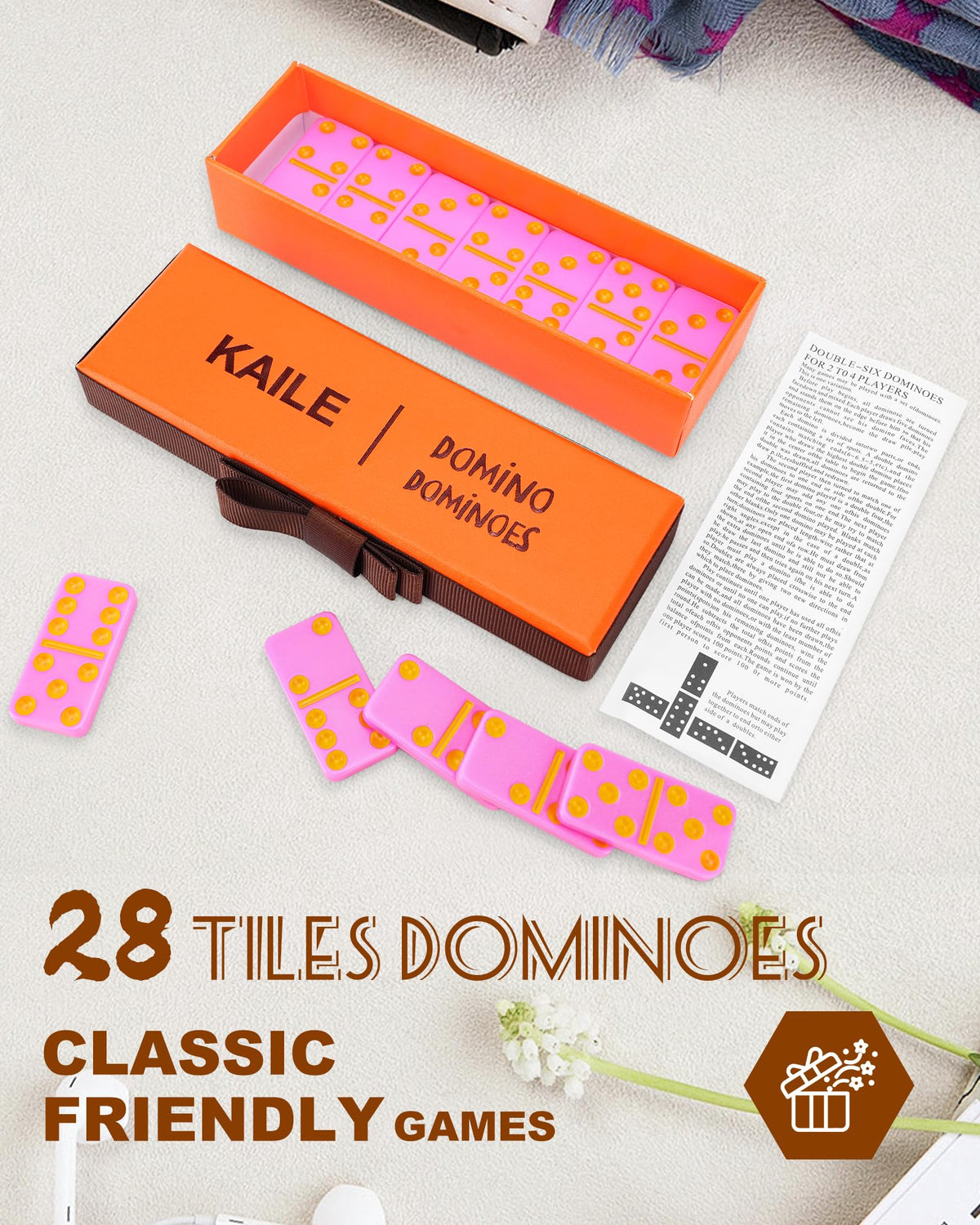 KAILE Pocket Domino Set – Mini Pink Double-Six Dominoes in Gift Box | Travel-Ready Family Fun
