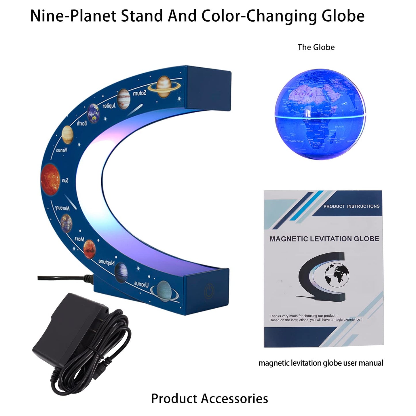 KAIMC Magnetic Levitation Globe – Floating 3in Earth with LED Colors & Nine-Planet Frame