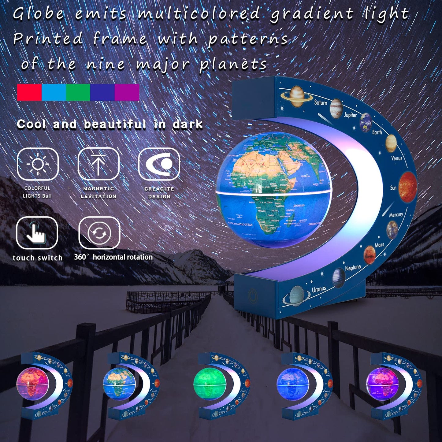 KAIMC Magnetic Levitation Globe – Floating 3in Earth with LED Colors & Nine-Planet Frame