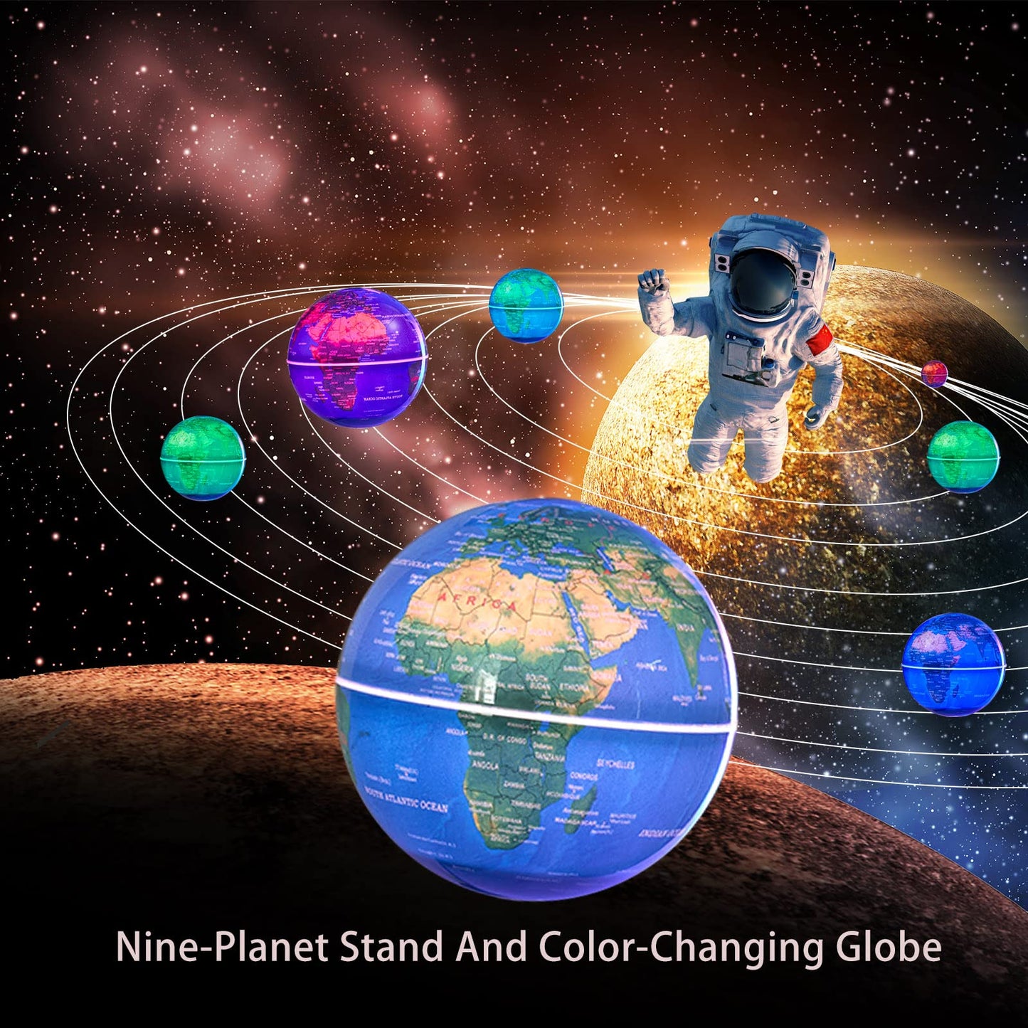 KAIMC Magnetic Levitation Globe – Floating 3in Earth with LED Colors & Nine-Planet Frame