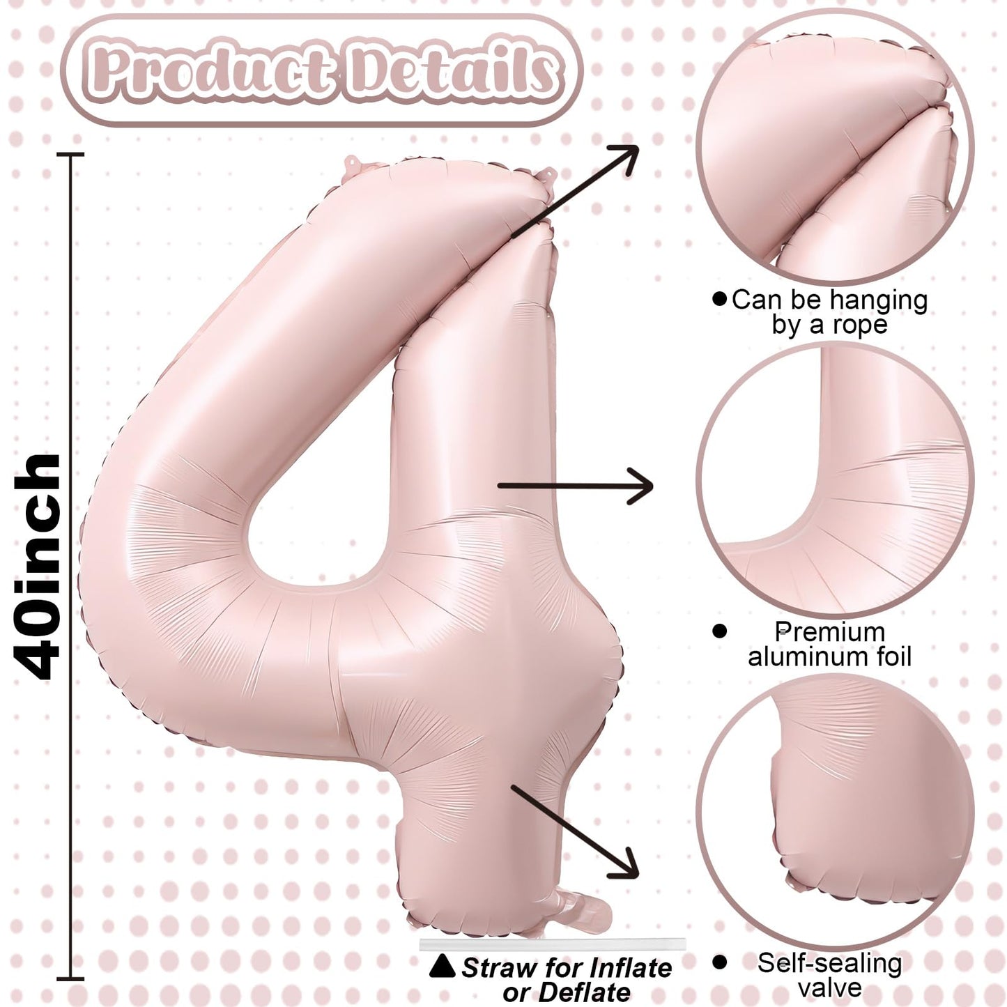 KAINSY 40-Inch Pastel Pink Number 4 Balloon — Self-Inflating Foil Party Balloon