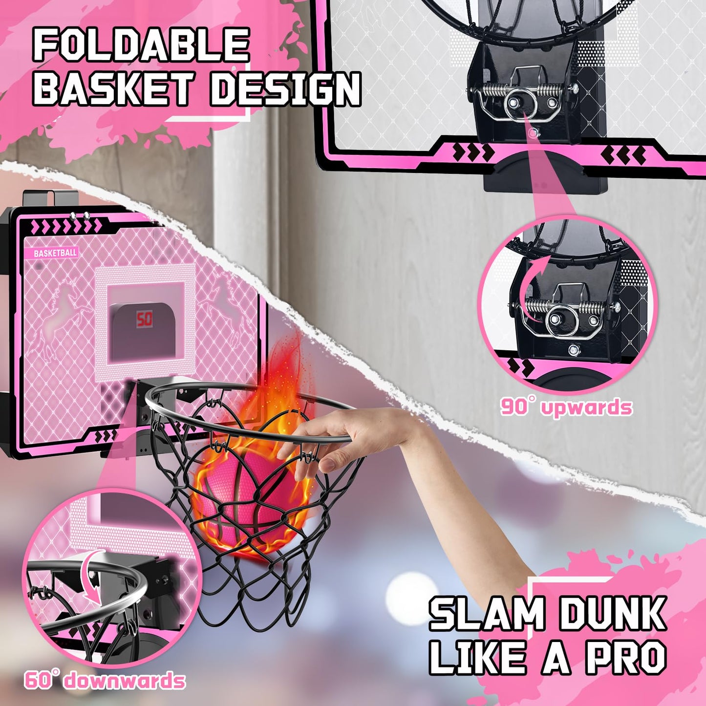 KAISASA Indoor Basketball Hoop for Kids – Pink Unicorn Mini Over-Door with LED Scoreboard (Ages 5-12)