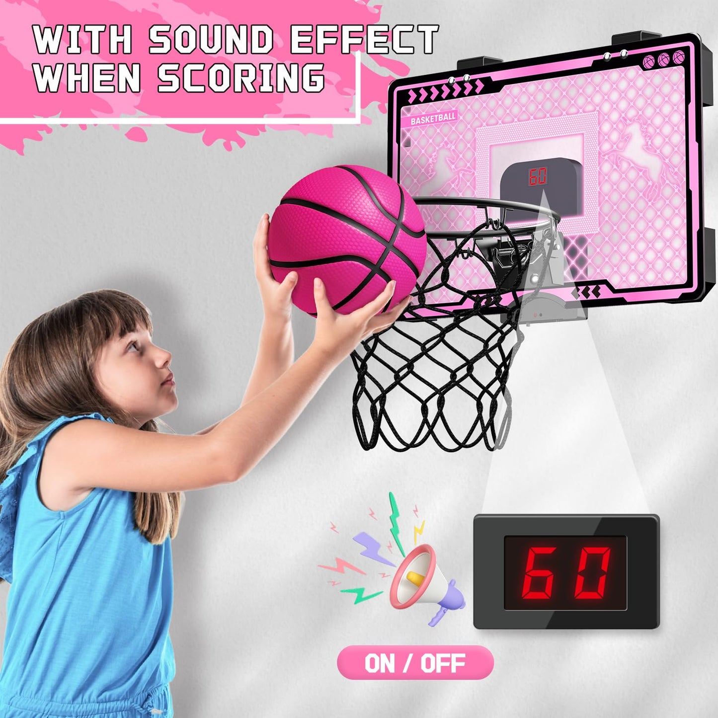 KAISASA Indoor Basketball Hoop for Kids – Pink Unicorn Mini Over-Door with LED Scoreboard (Ages 5-12)
