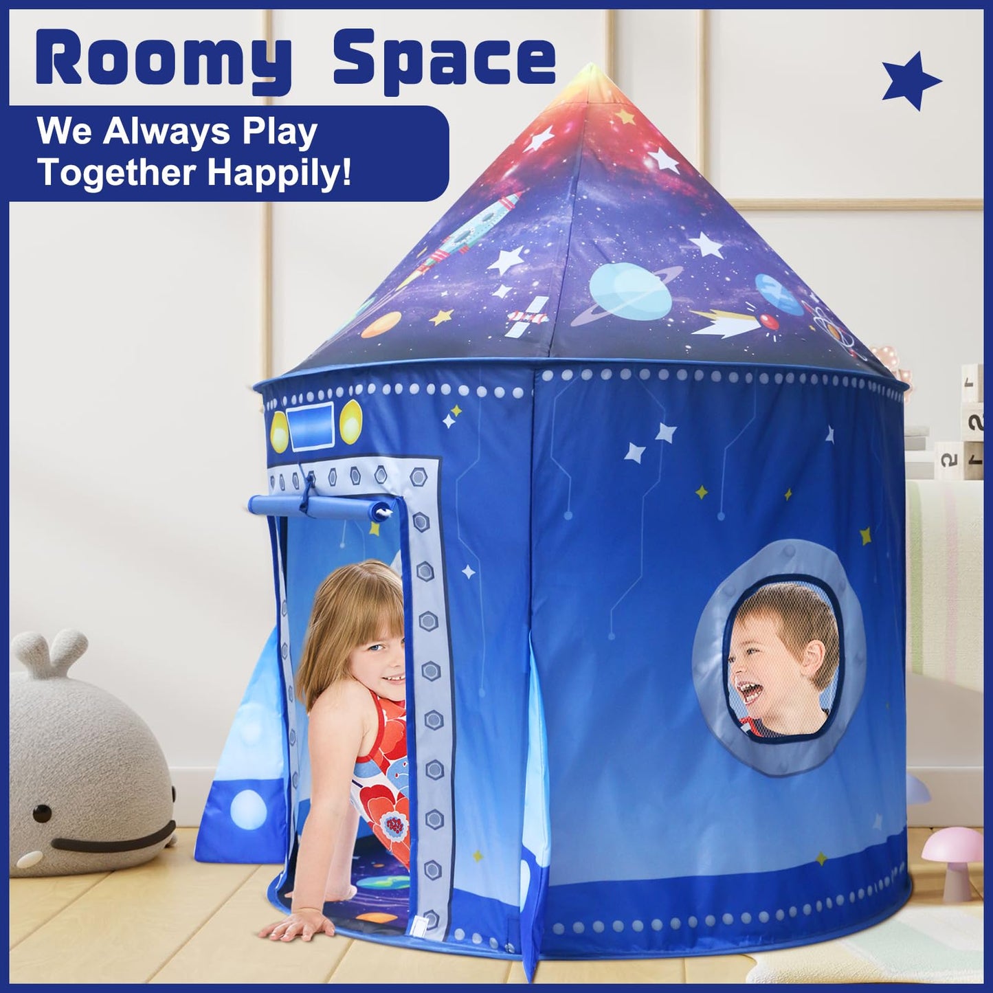 KAIVEE Rocket Ship Space Pop Up Play Tent for Kids – Astronaut Pretend Playhouse