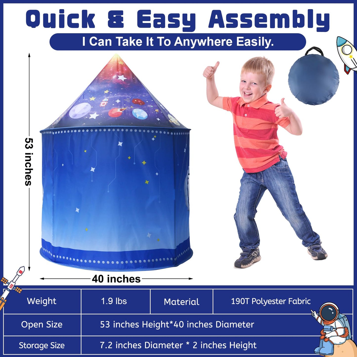 KAIVEE Rocket Ship Space Pop Up Play Tent for Kids – Astronaut Pretend Playhouse
