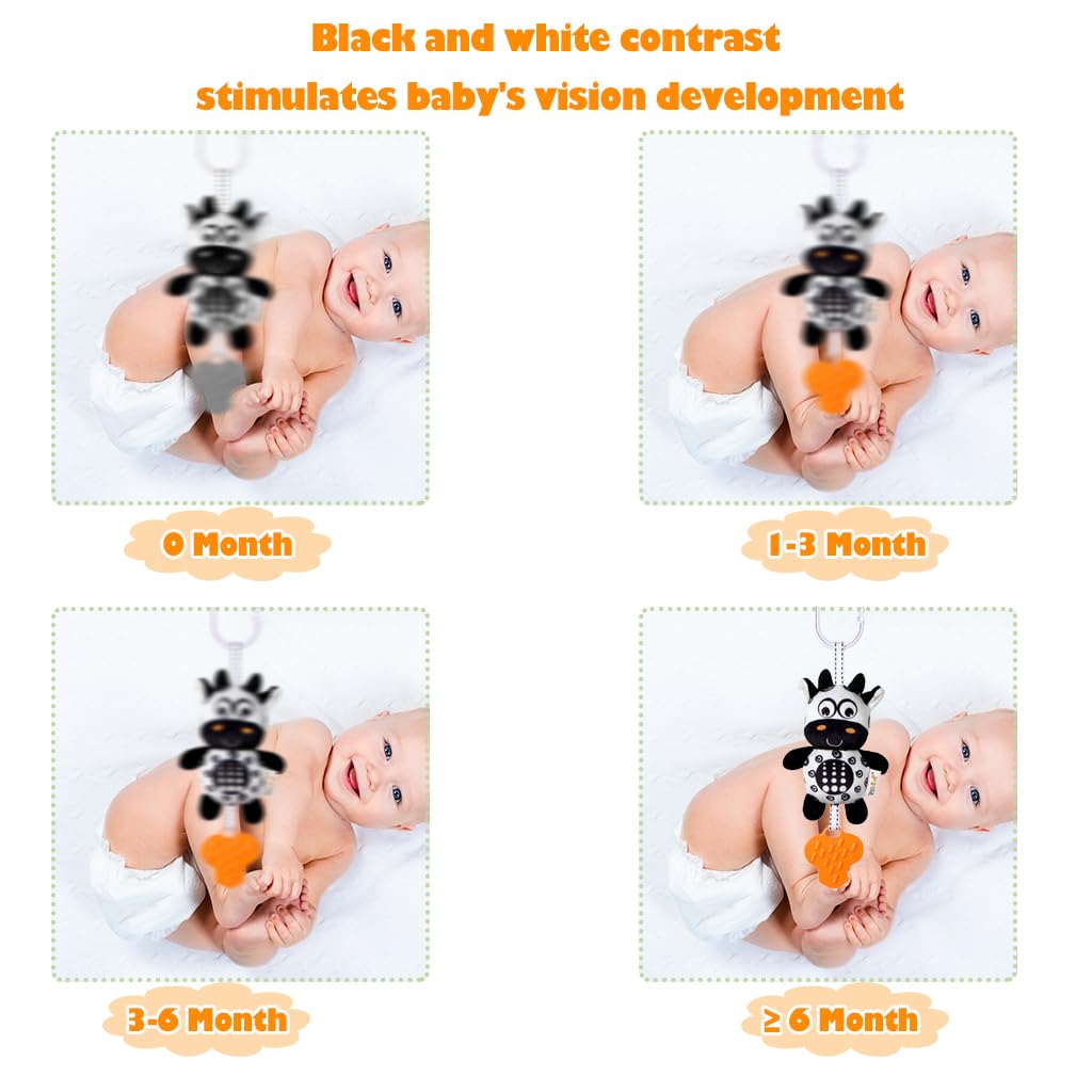KAKIBLIN Baby Hanging Toy 3-Pack – High-Contrast Black & White Sensory Toys (Zebra, Deer, Cow)