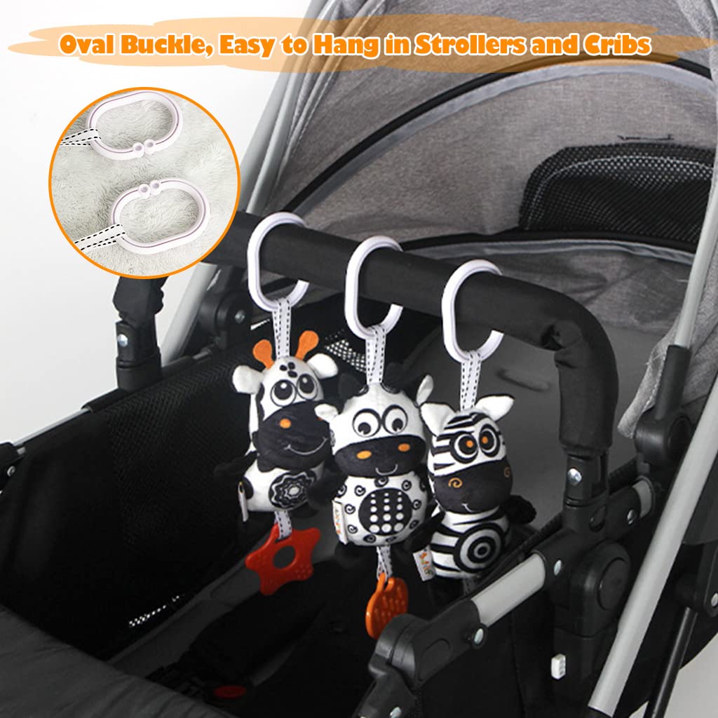KAKIBLIN Baby Hanging Toy 3-Pack – High-Contrast Black & White Sensory Toys (Zebra, Deer, Cow)