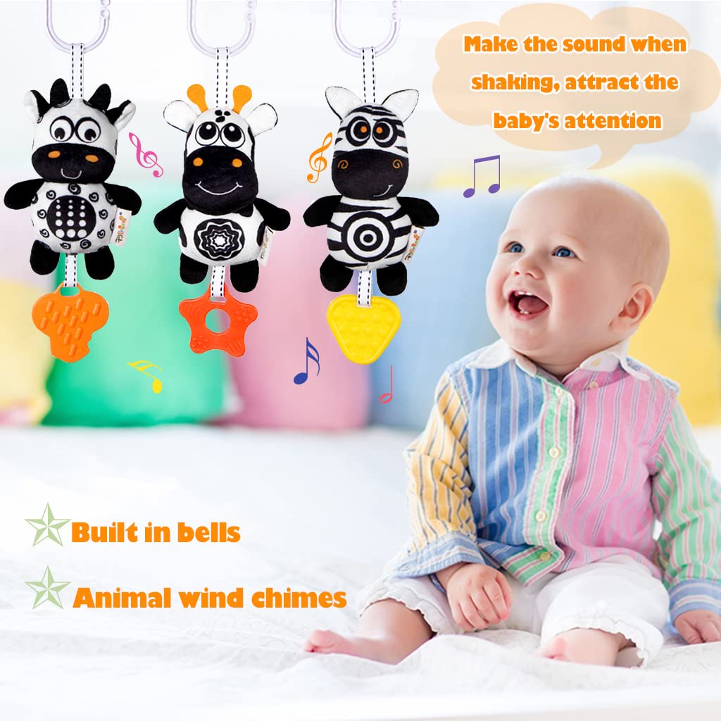 KAKIBLIN Baby Hanging Toy 3-Pack – High-Contrast Black & White Sensory Toys (Zebra, Deer, Cow)