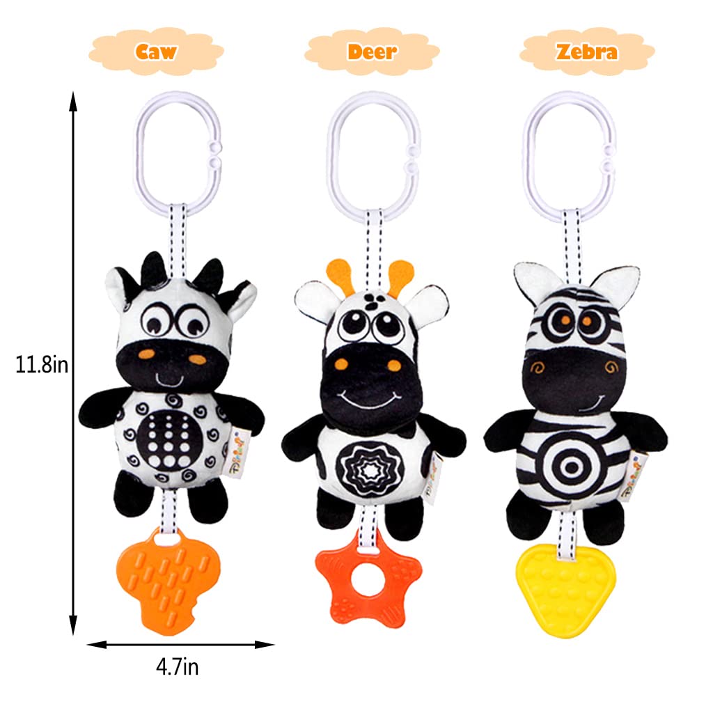 KAKIBLIN Baby Hanging Toy 3-Pack – High-Contrast Black & White Sensory Toys (Zebra, Deer, Cow)