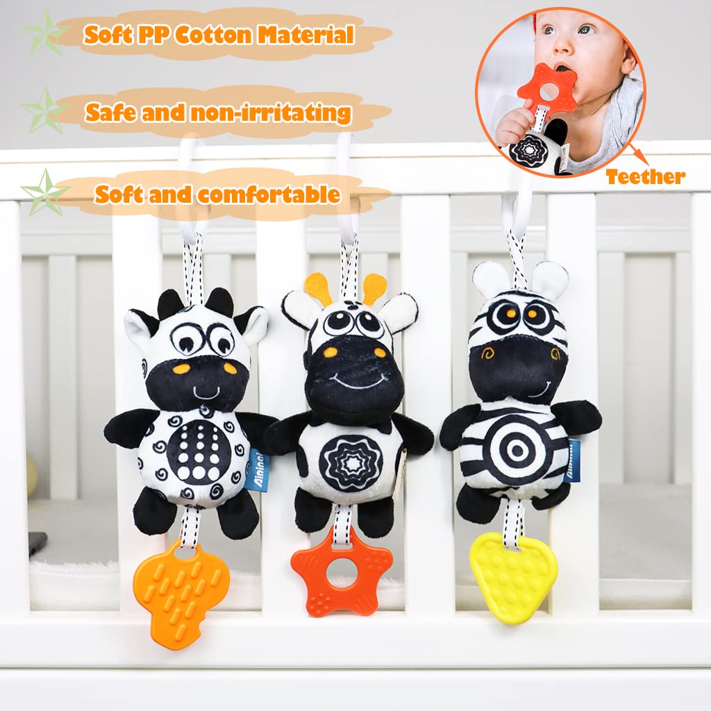 KAKIBLIN Baby Hanging Toy 3-Pack – High-Contrast Black & White Sensory Toys (Zebra, Deer, Cow)