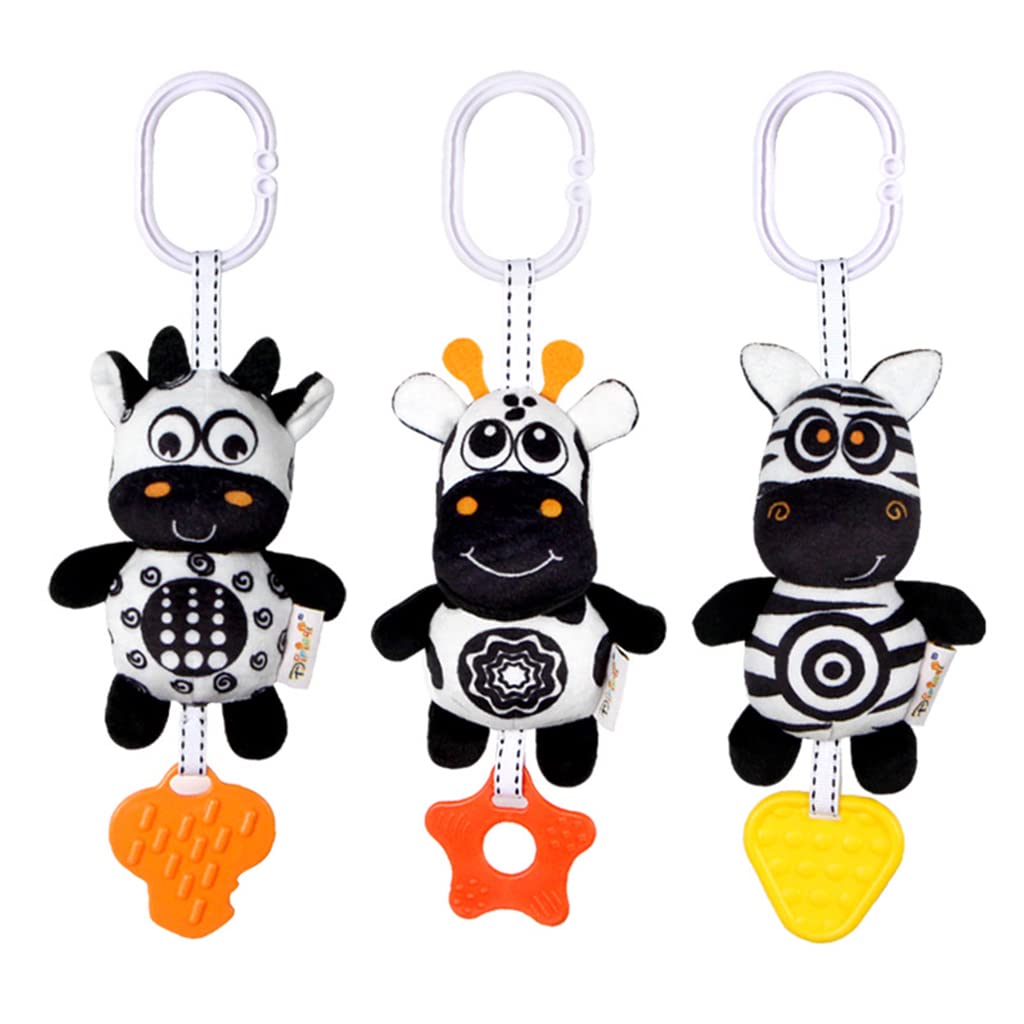 KAKIBLIN Baby Hanging Toy 3-Pack – High-Contrast Black & White Sensory Toys (Zebra, Deer, Cow)