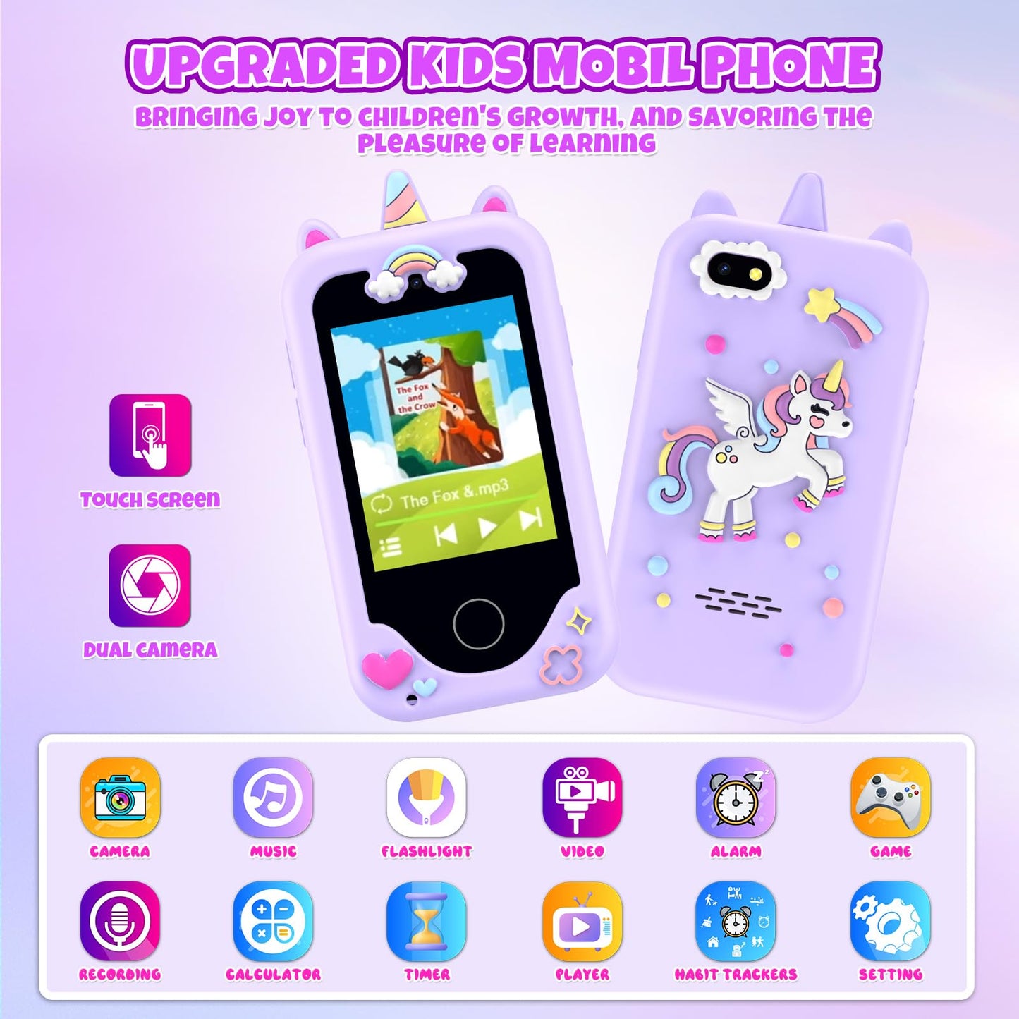 KAKTIN Kids Phone for Girls – Dual Camera Touchscreen Learning Toy (Ages 3-11)