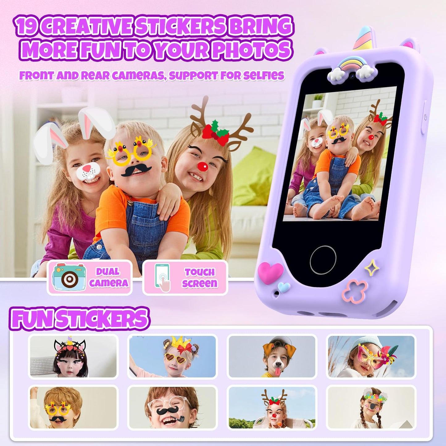 KAKTIN Kids Phone for Girls – Dual Camera Touchscreen Learning Toy (Ages 3-11)