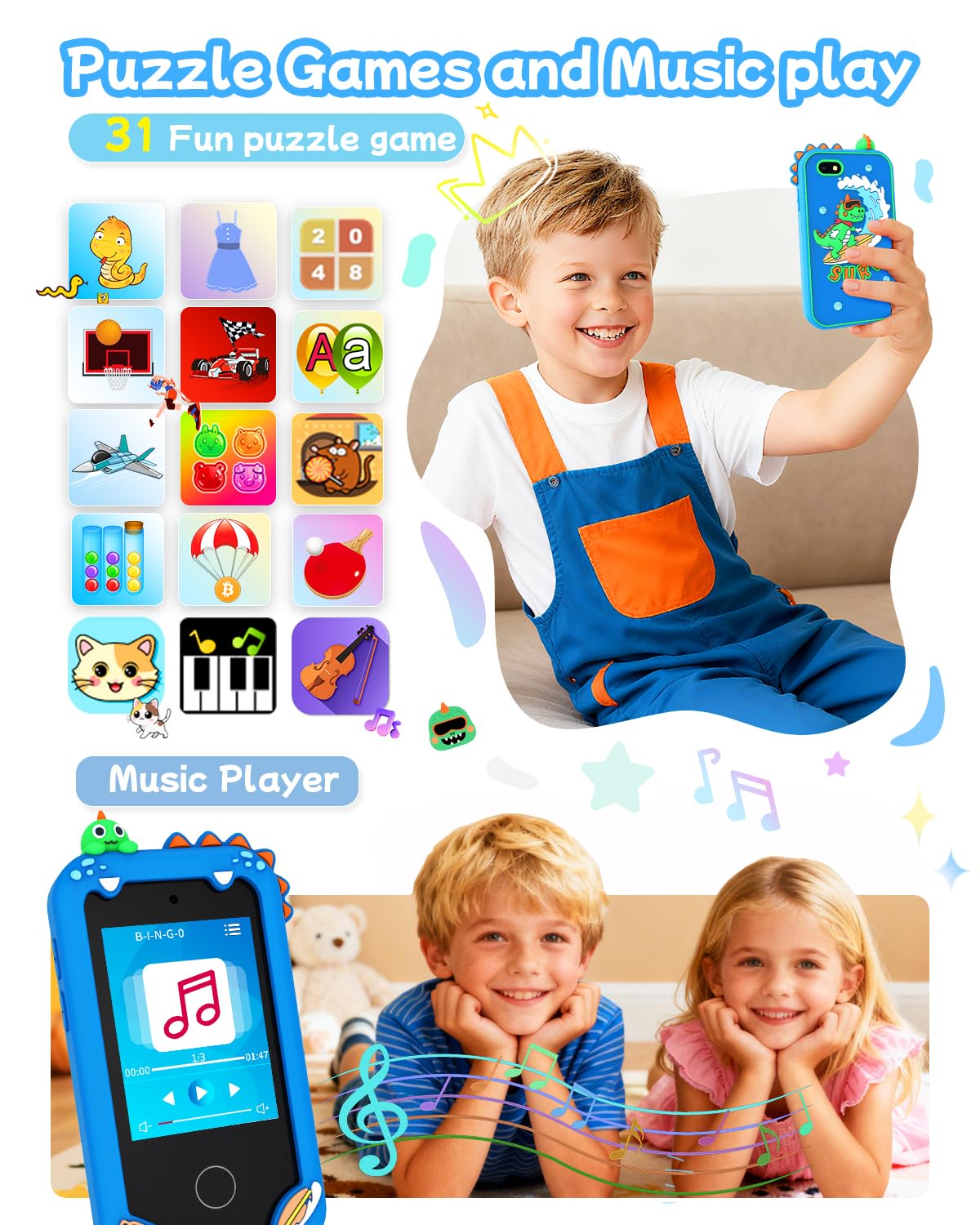 KAKTIN Kids Smart Phone Toy – Educational Touchscreen for Ages 3-8, Dual Camera & Games