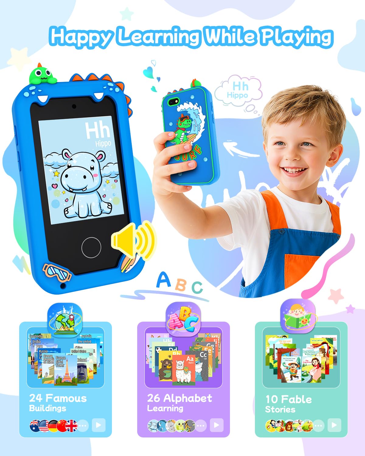 KAKTIN Kids Smart Phone Toy – Educational Touchscreen for Ages 3-8, Dual Camera & Games