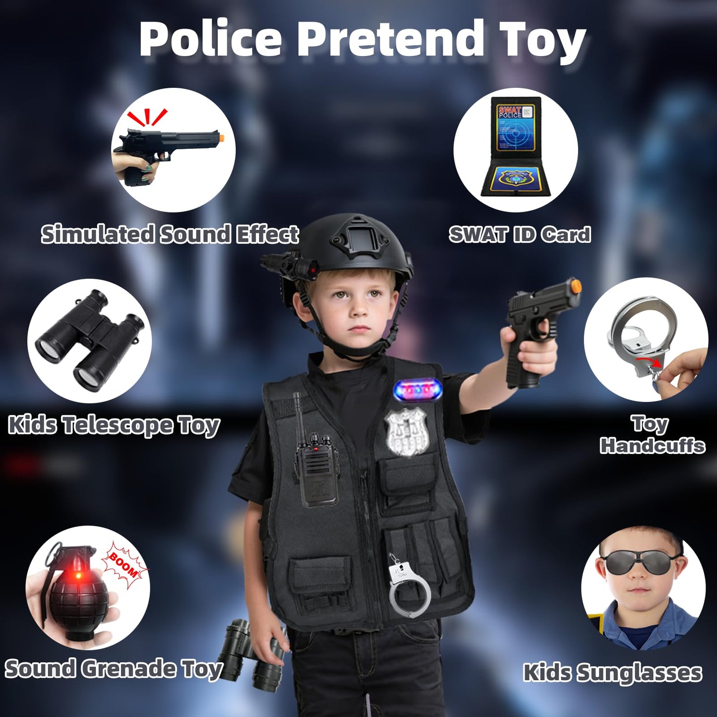 KalaDuck Police Costume for Kids — SWAT Helmet, Vest & Accessories