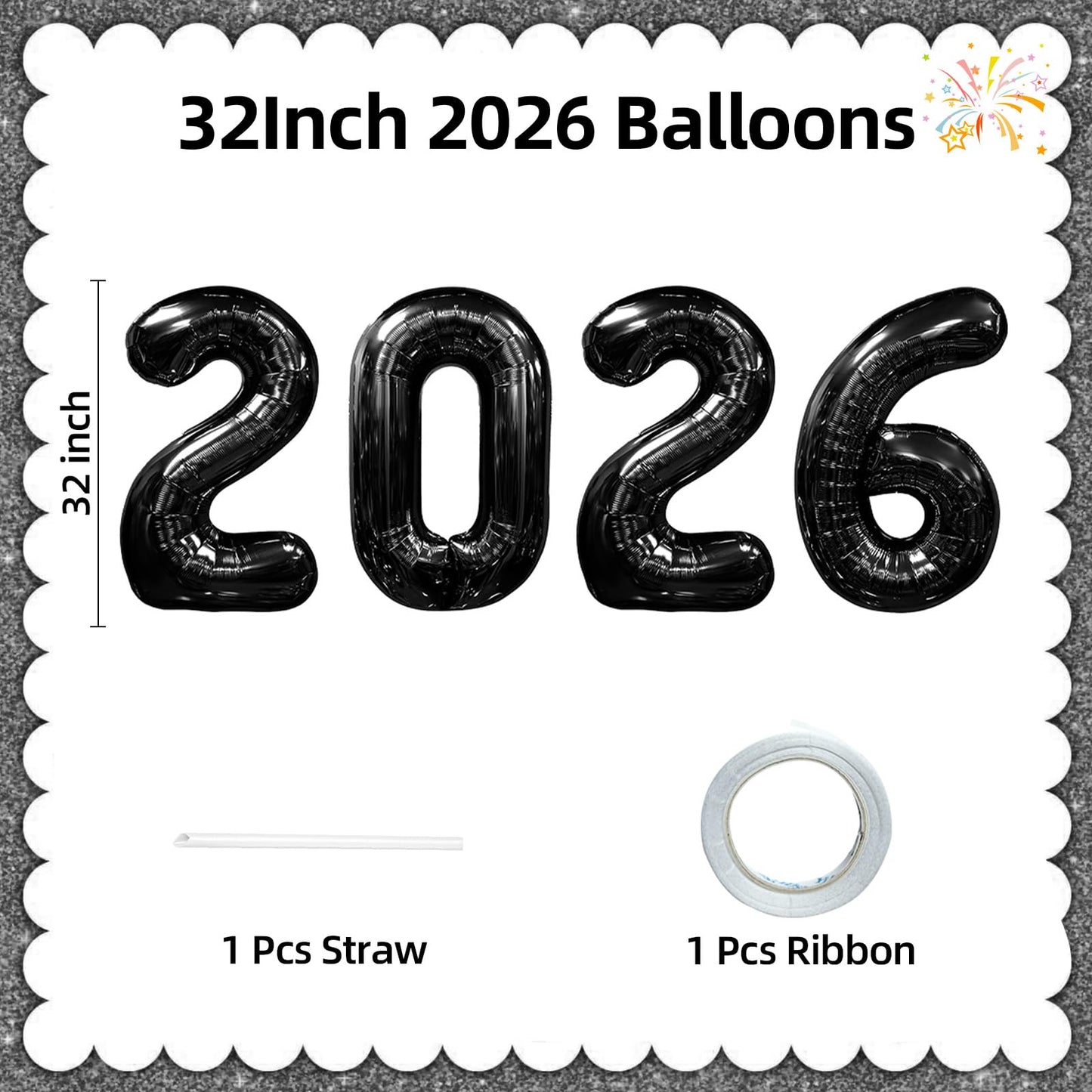 KALOR 32-Inch Black 2026 Foil Number Balloons – New Year’s Eve & Graduation Party Decor