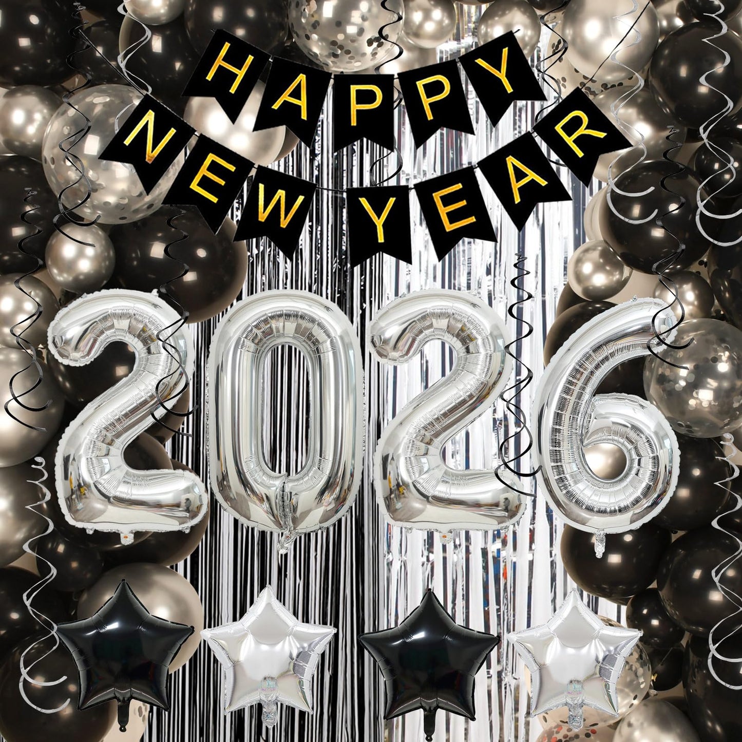 KALOR New Year's Eve 2026 Kit – 153-Pcs Silver & Black Balloon Arch