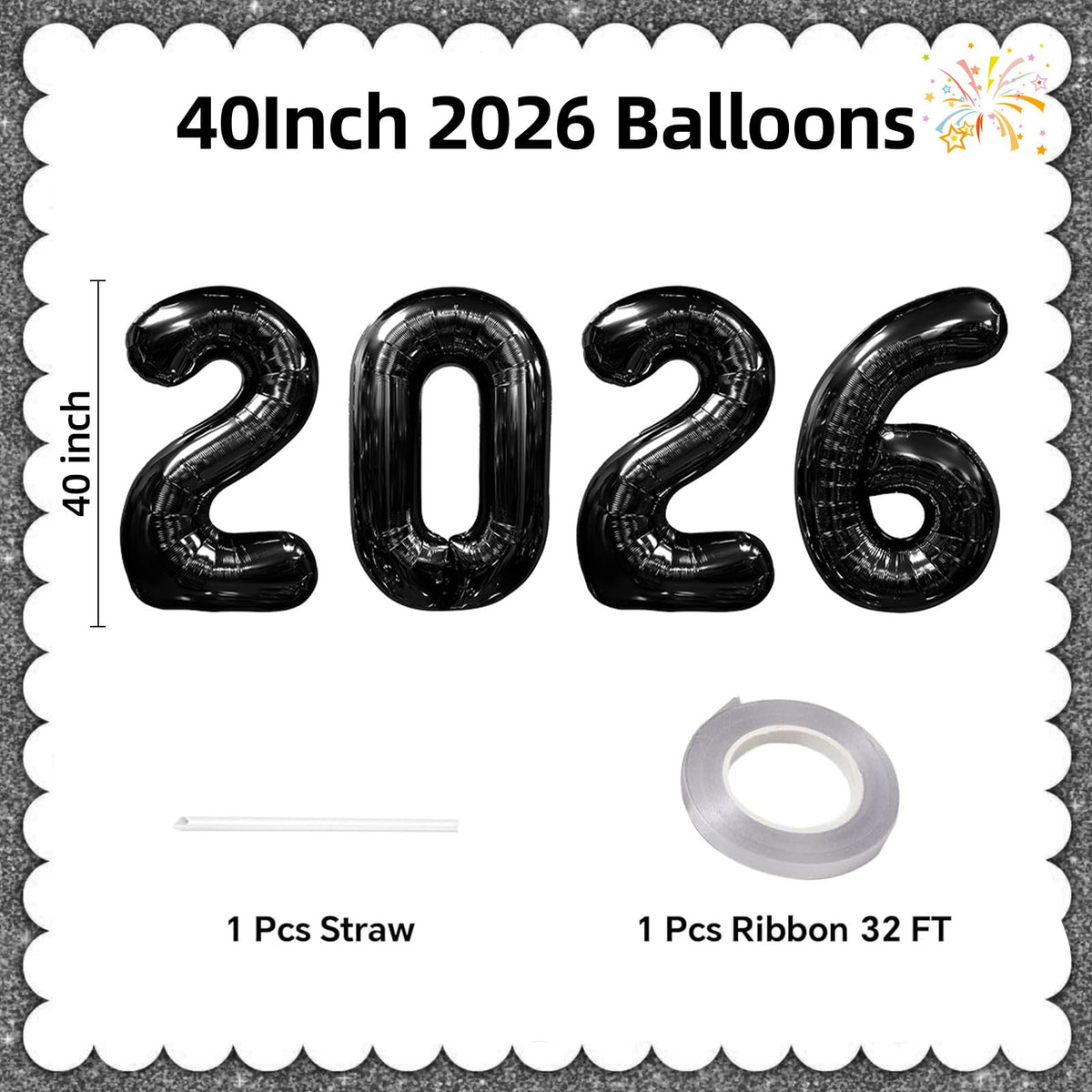 KALOR 42-Inch 2026 Black Foil Mylar Balloons for New Year and Graduation