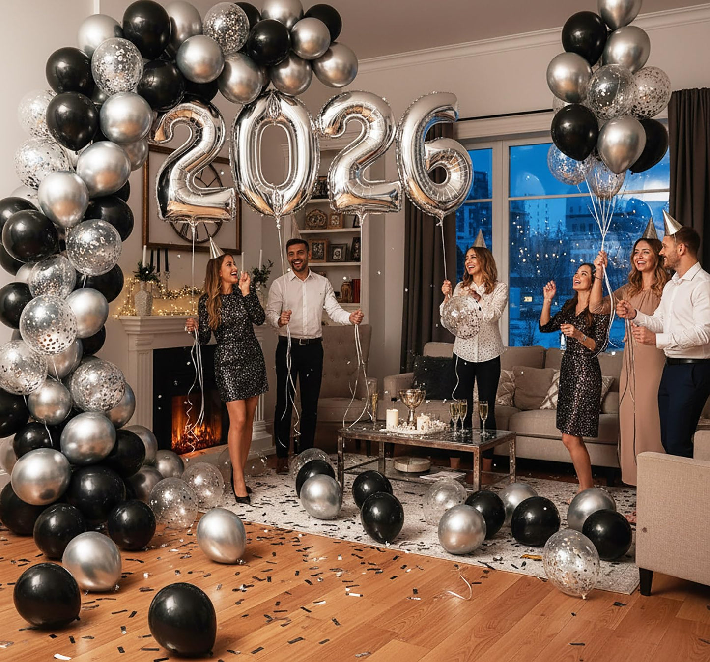 KALOR New Year's Eve 2026 Kit – 153-Pcs Silver & Black Balloon Arch