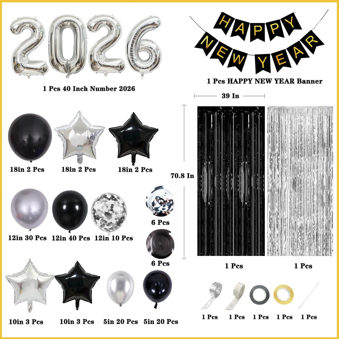 KALOR New Year's Eve 2026 Kit – 153-Pcs Silver & Black Balloon Arch