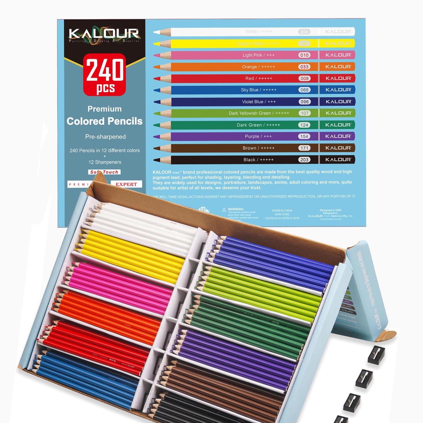 KALOUR Premium Colored Pencils Bulk – 240 Count, 12 Vibrant Colors, Pre-Sharpened Classroom Set