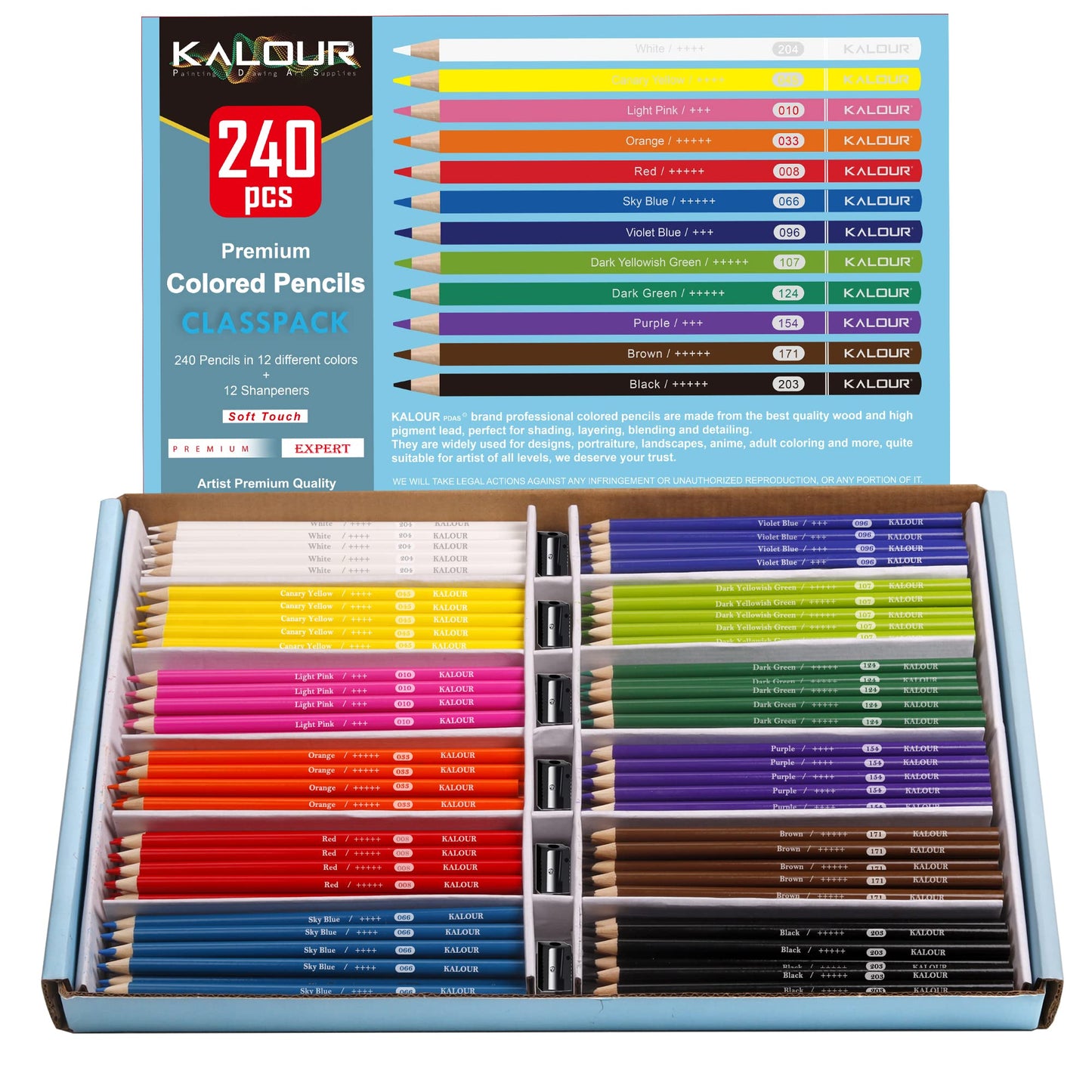 KALOUR Premium Colored Pencils Bulk – 240 Count, 12 Vibrant Colors, Pre-Sharpened Classroom Set