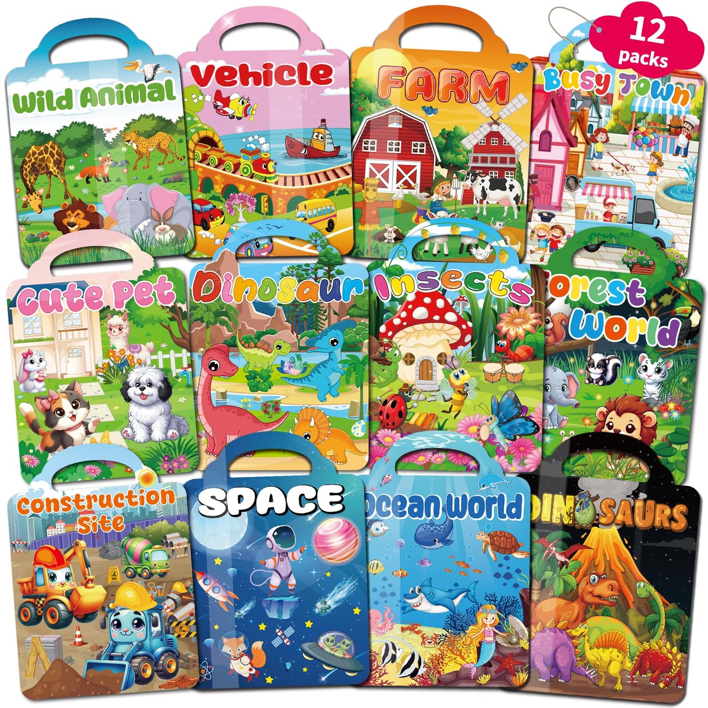 Kalysky 12-Set Reusable Puffy Sticker Books for Toddlers 2-4 | 3D Sticker Activity Books | Travel-Friendly Party Favors
