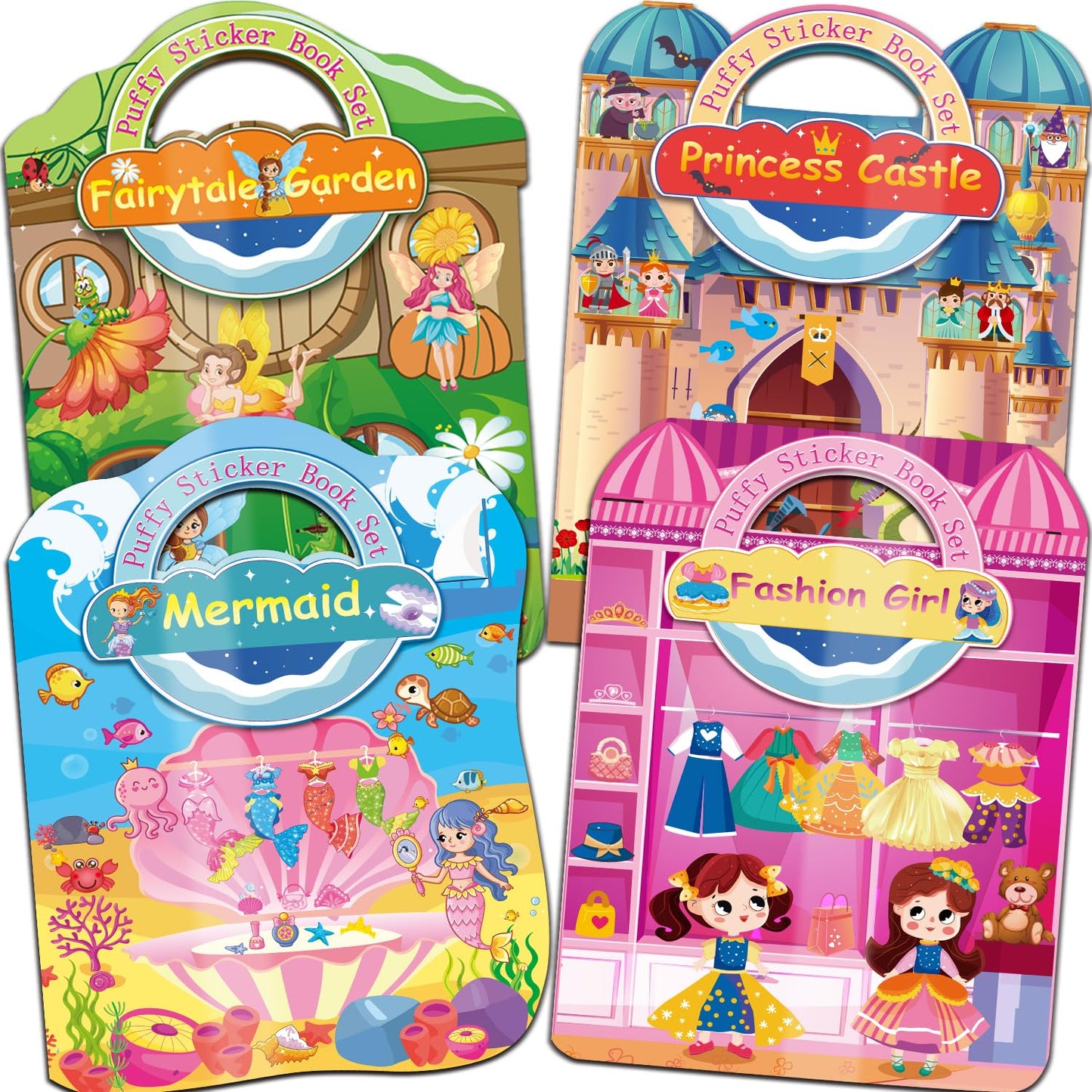 Kalysky Dress Up Sticker Books for Girls 2-4 | Reusable 3D Puffy Stickers | Mermaid, Princess, Fashion Girl
