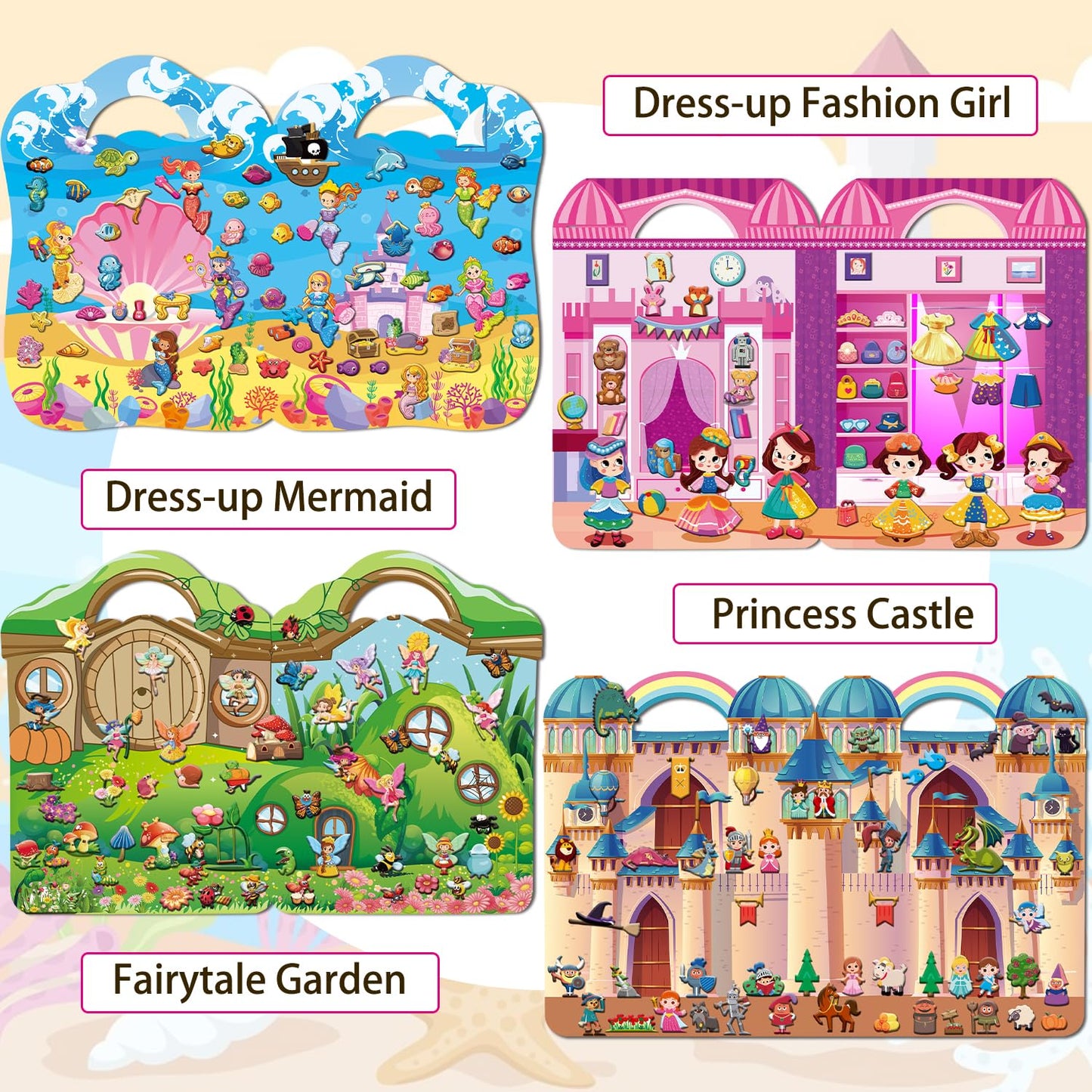 Kalysky Dress Up Sticker Books for Girls 2-4 | Reusable 3D Puffy Stickers | Mermaid, Princess, Fashion Girl