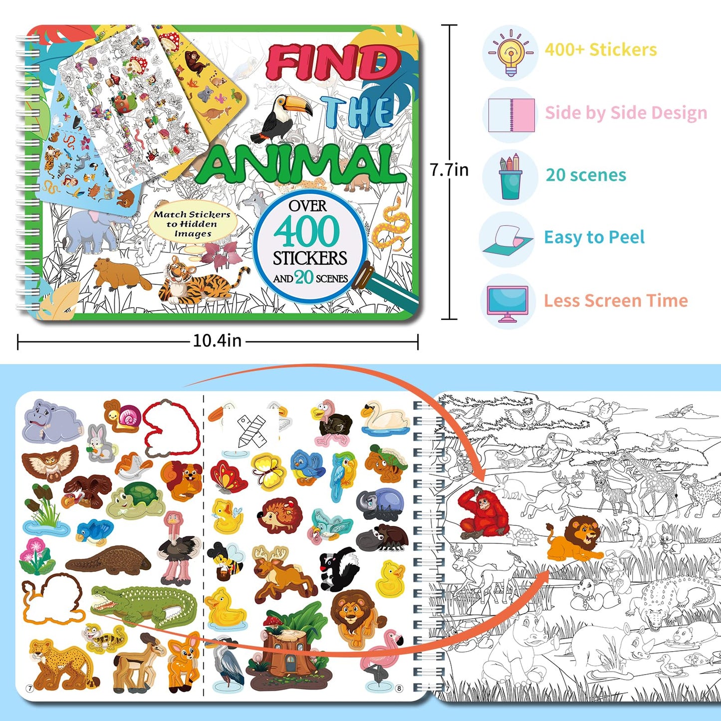 Kalysky Find The Animal Sticker Book – 400+ Stickers, 20 Scenes, Spiral-Bound Travel Activity for Kids