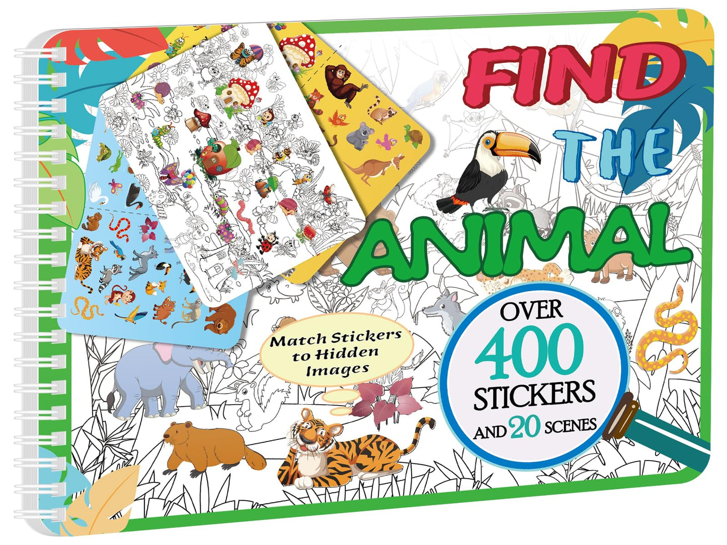 Kalysky Find The Animal Sticker Book – 400+ Stickers, 20 Scenes, Spiral-Bound Travel Activity for Kids