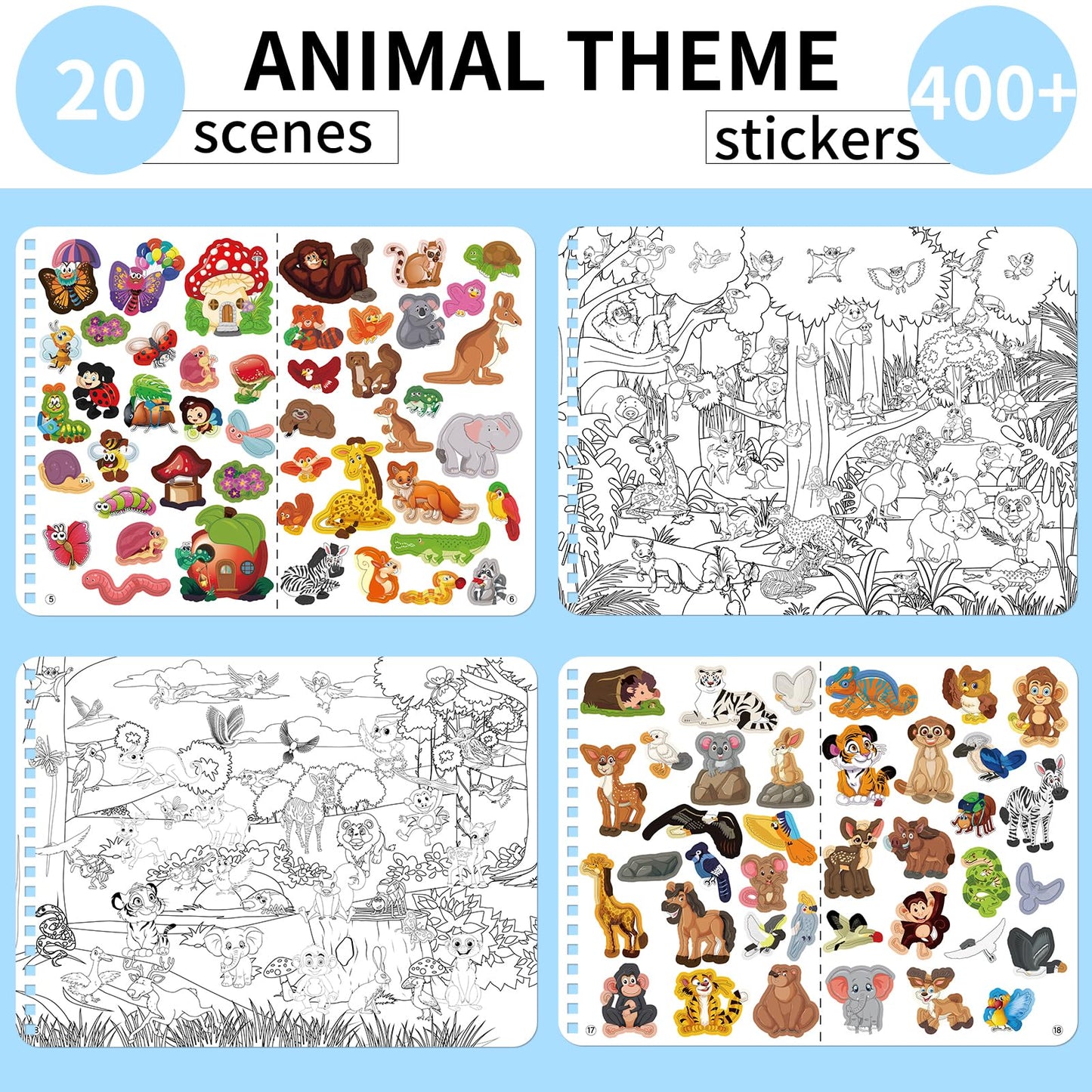 Kalysky Find The Animal Sticker Book – 400+ Stickers, 20 Scenes, Spiral-Bound Travel Activity for Kids