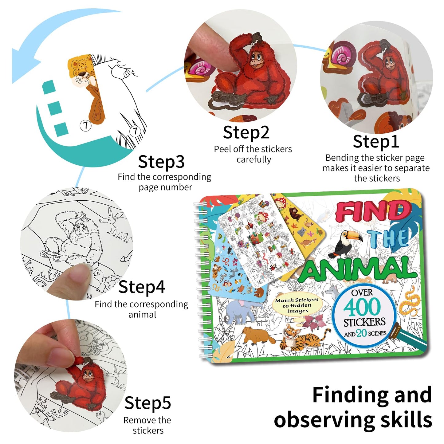 Kalysky Find The Animal Sticker Book – 400+ Stickers, 20 Scenes, Spiral-Bound Travel Activity for Kids