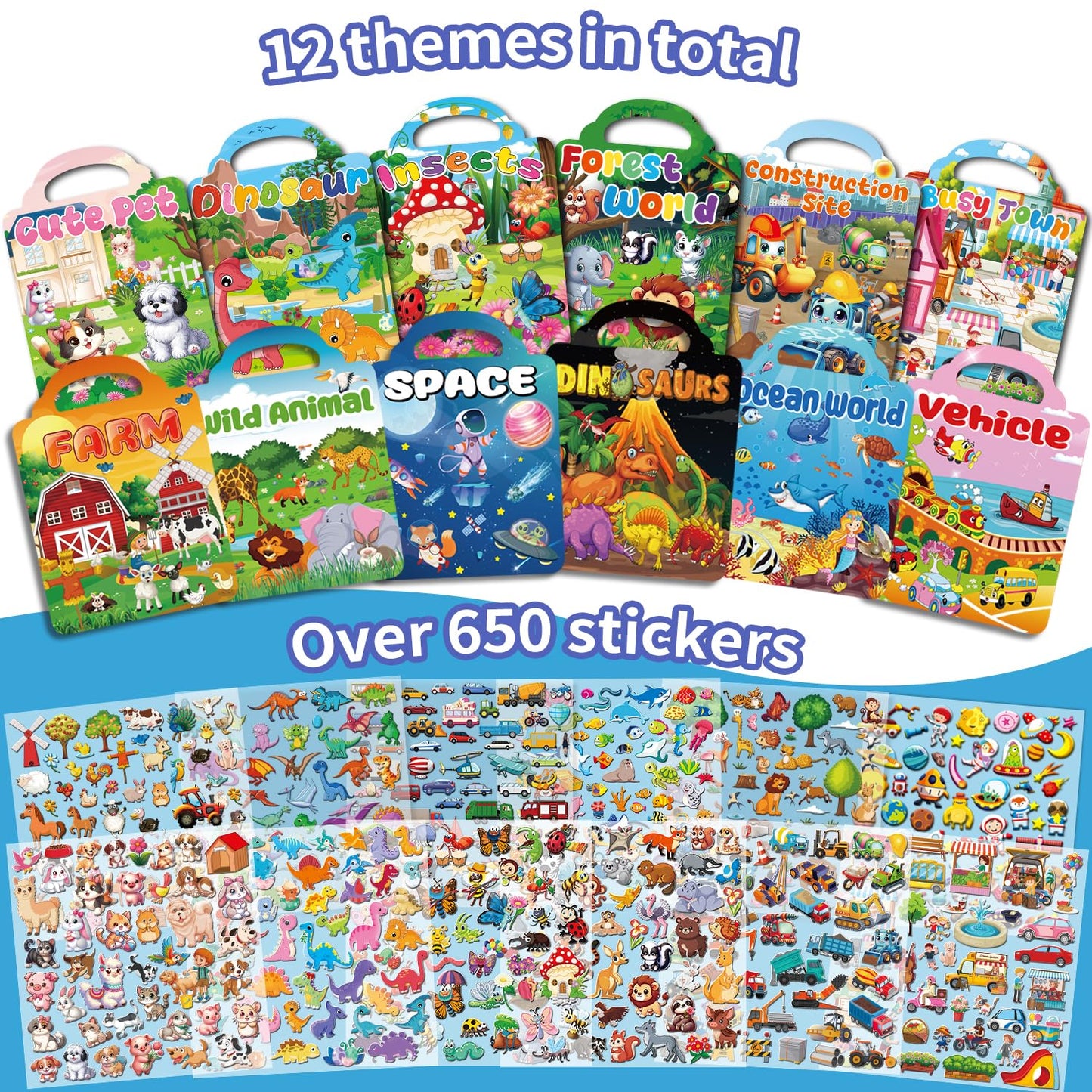 Kalysky 12-Set Reusable Puffy Sticker Books for Toddlers 2-4 | 3D Sticker Activity Books | Travel-Friendly Party Favors