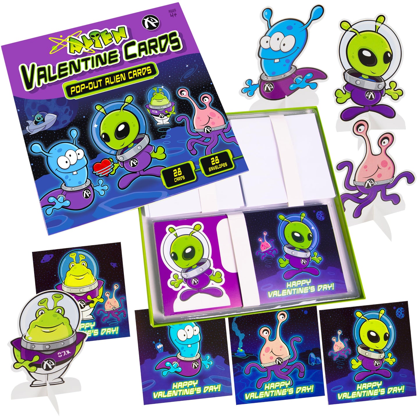 Kangaroo 28-Pack Alien Pop Out Valentines Day Cards for Kids – Envelopes & Stickers Included