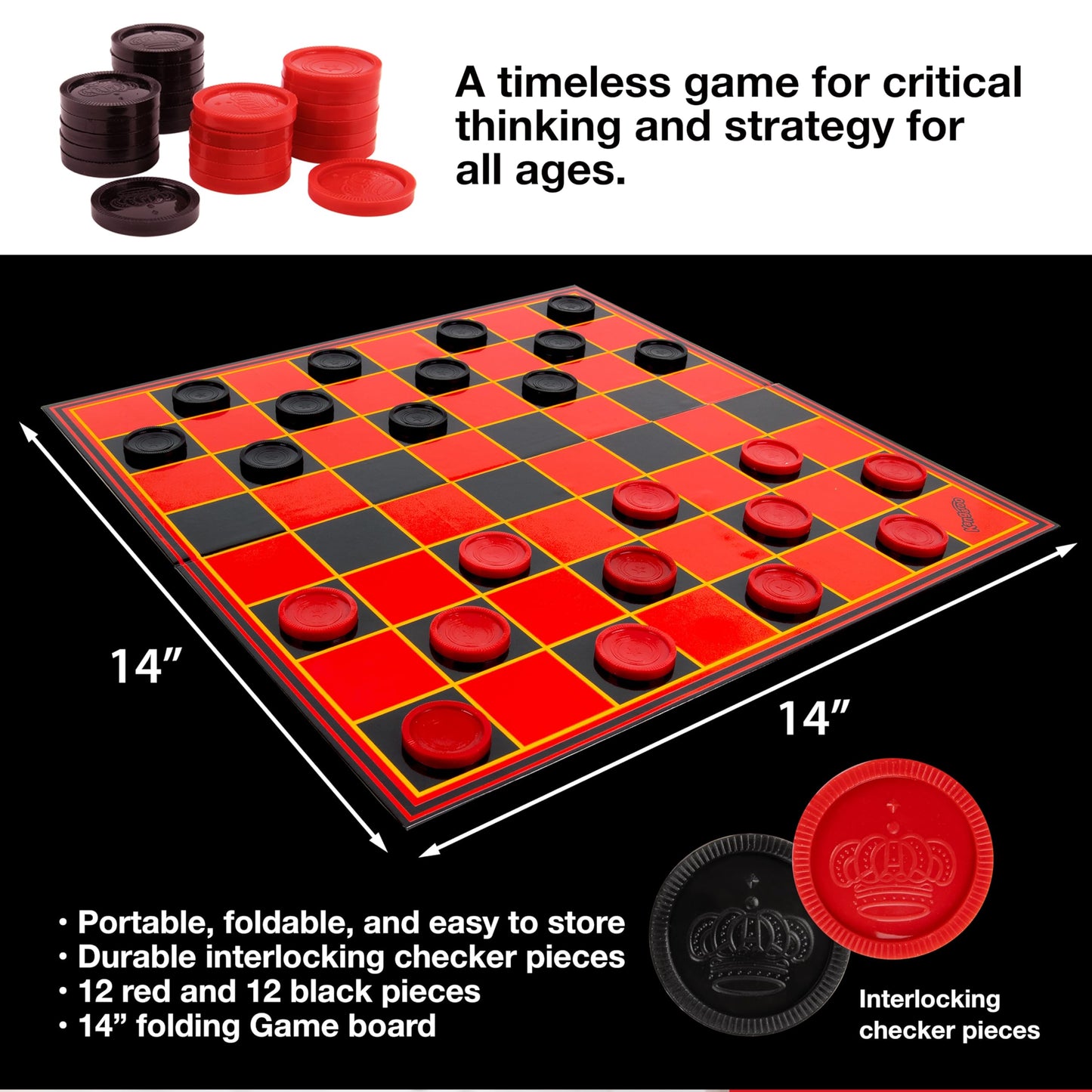 Kangaroo Multiplayers Strategy Checkers – Portable 15x15 Inch Board with 24 Checkers