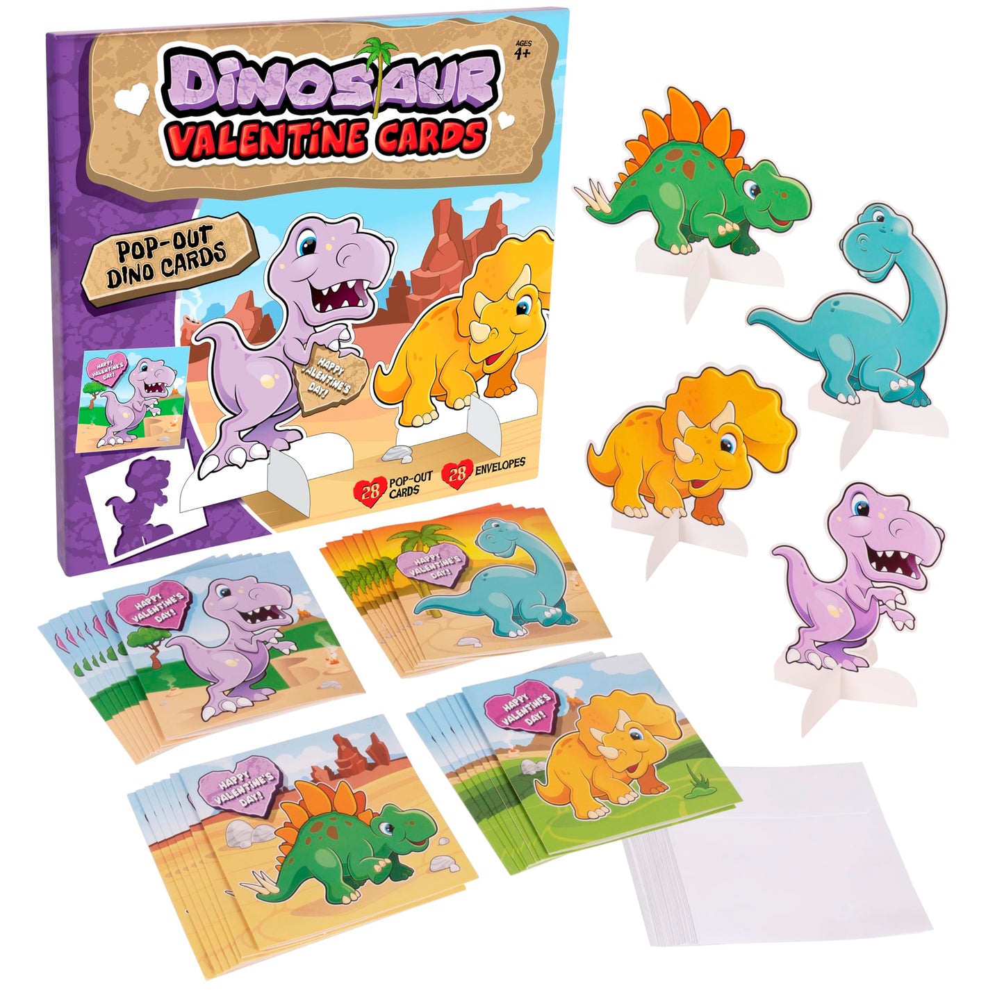 Kangaroo 28-Pack Dinosaur Valentines Day Cards with Envelopes & Stickers – Bulk Classroom Pack