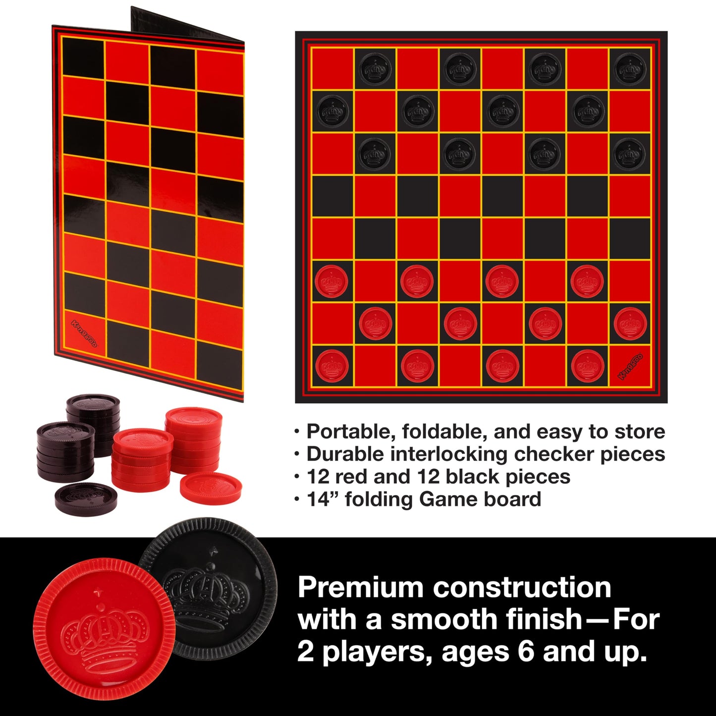 Kangaroo Multiplayers Strategy Checkers – Portable 15x15 Inch Board with 24 Checkers
