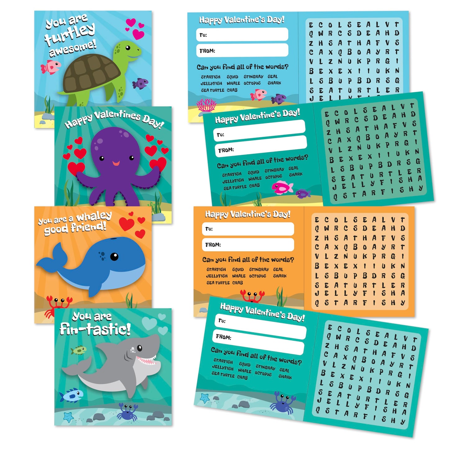 Kangaroo 28 Pack Sea Life Valentines Day Cards with Envelopes – Word Search Classroom Cards for Kids
