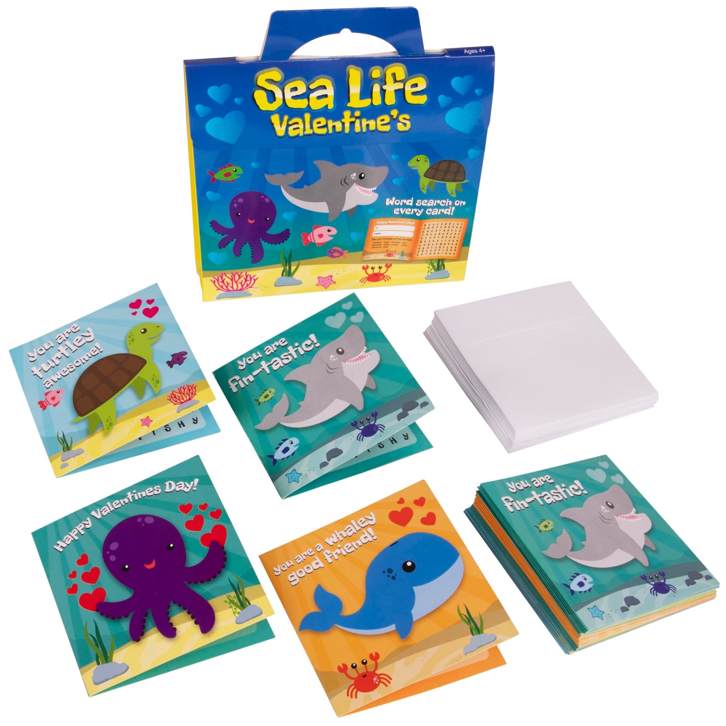Kangaroo 28 Pack Sea Life Valentines Day Cards with Envelopes – Word Search Classroom Cards for Kids