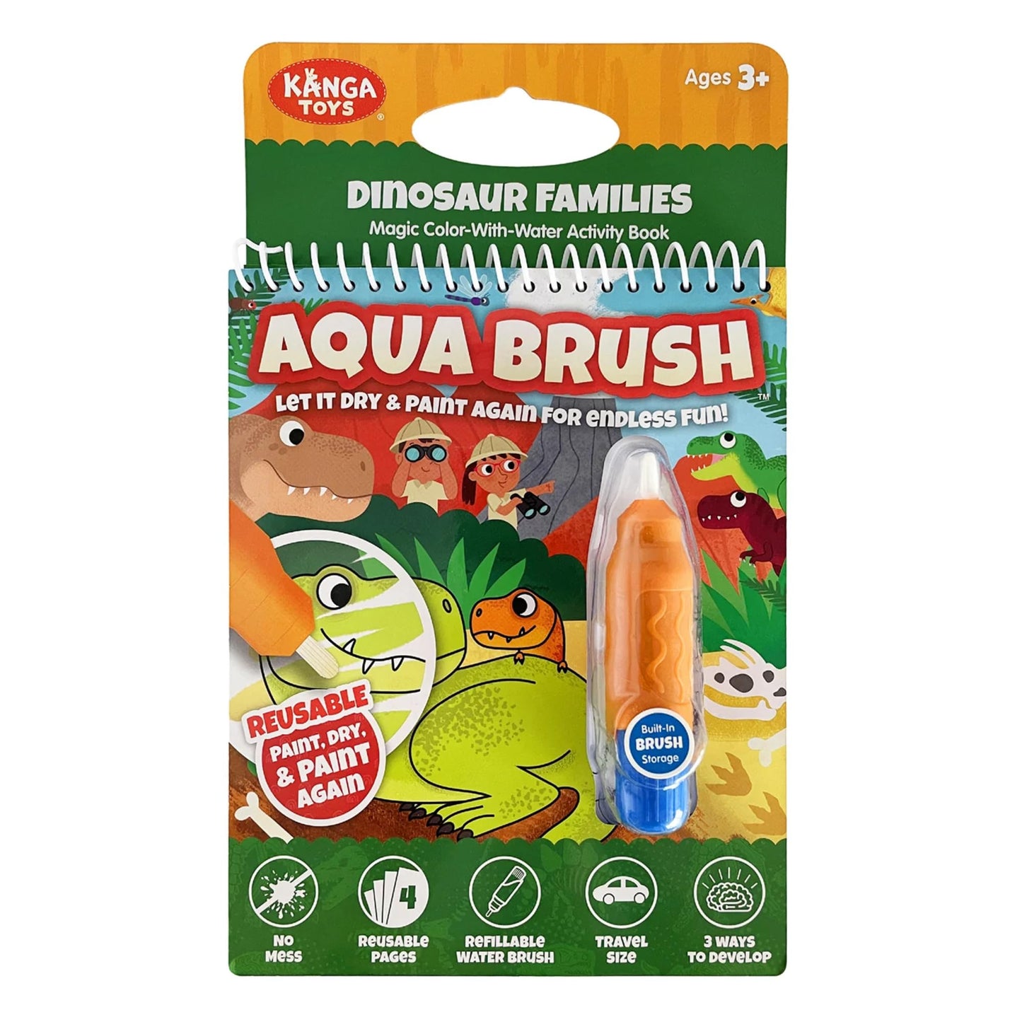 KangaToys Dinosaur Families Aqua Brush Activity Book – Reusable Water Coloring for Kids