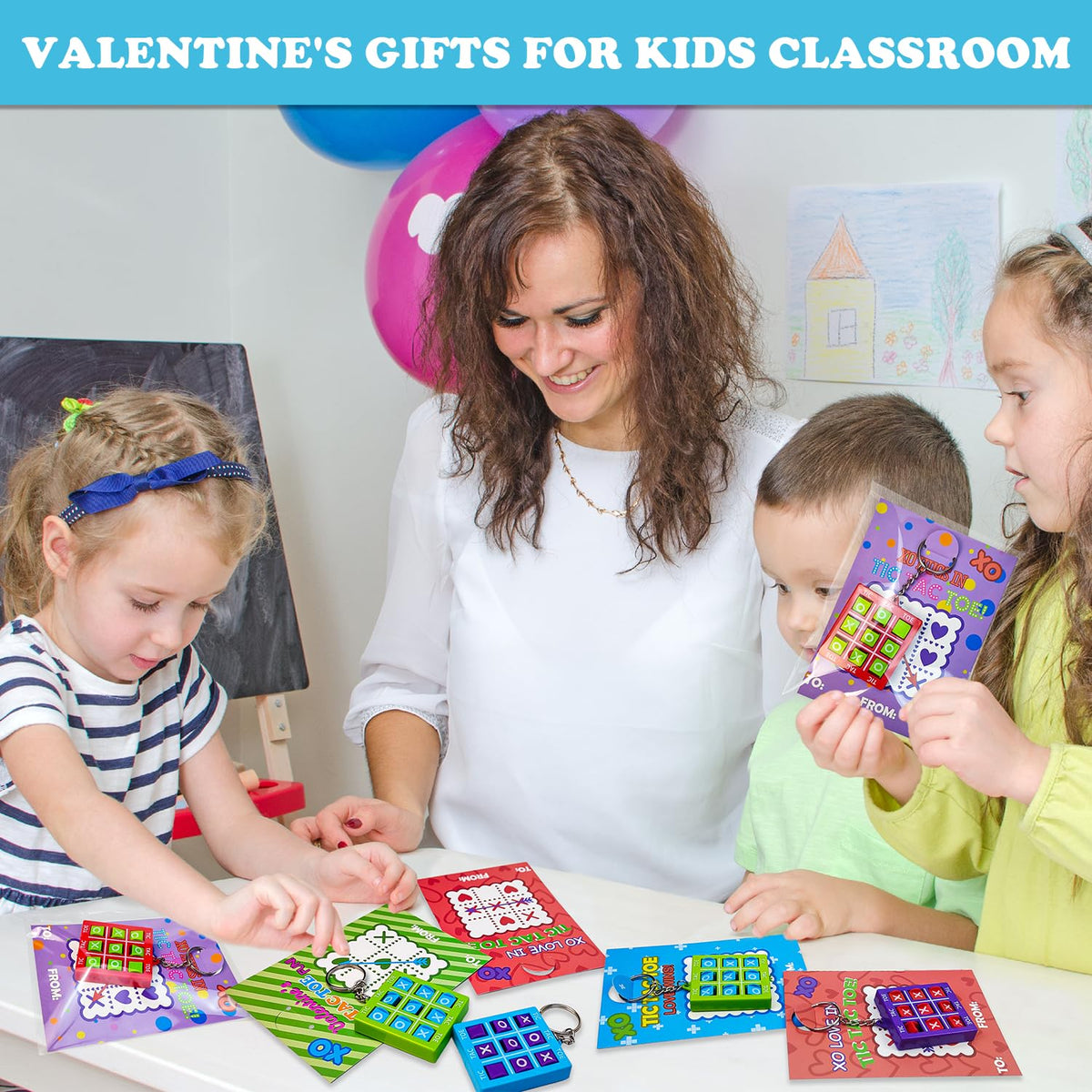 Kannove Tic Tac Toe Valentines Day Gift Pack – 20 Non-Candy Classroom Keychains with Cards