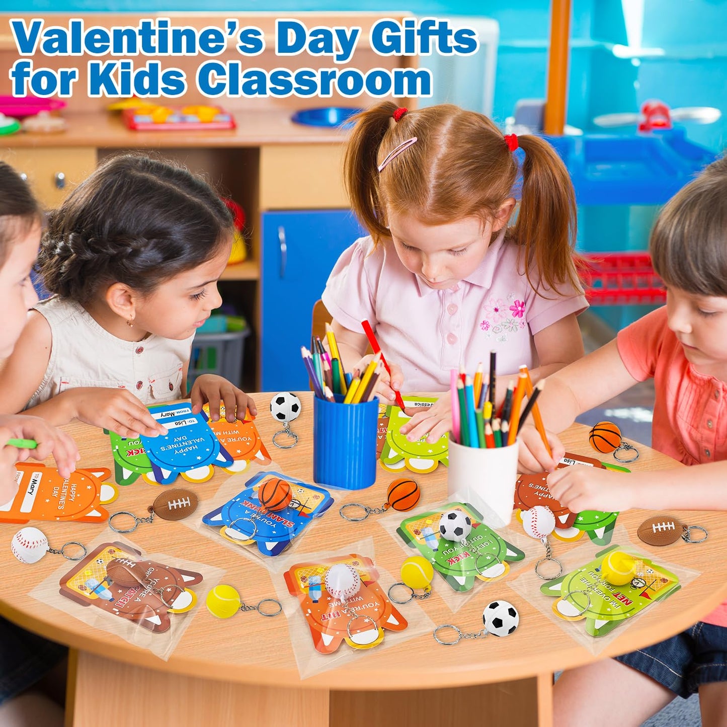 Kannove Valentines Day Cards & 28-Pack Mini Foam Sports Ball Keychains – Classroom Gifts, Party Favors, and Prizes