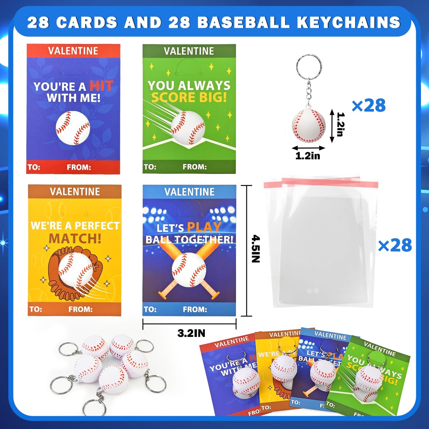 Kannove Baseball Valentine Stress Ball Keychains – 28 Pack for Classrooms