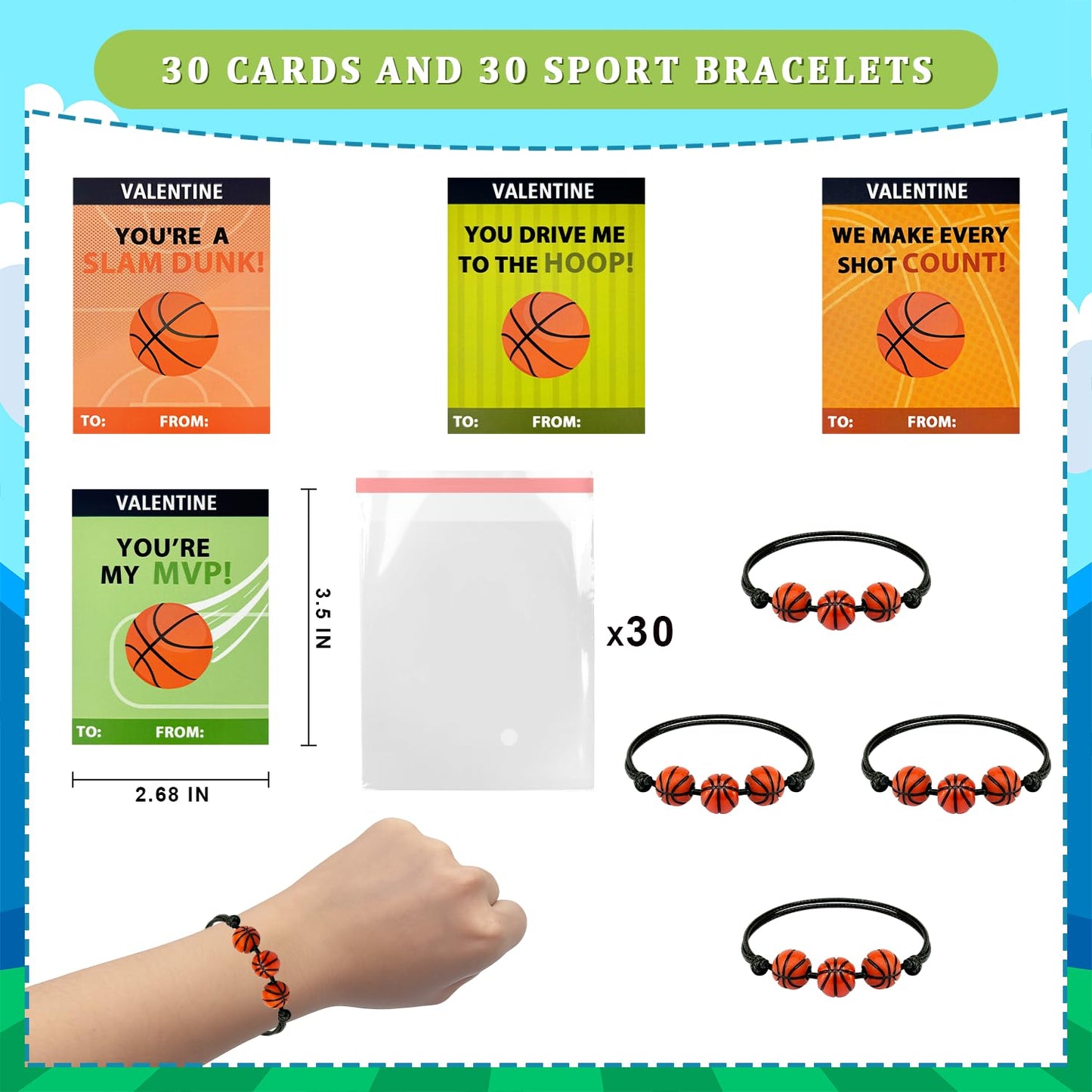 Kannove Basketball Valentines Bracelets - 30 Pack Classroom Gifts for Kids