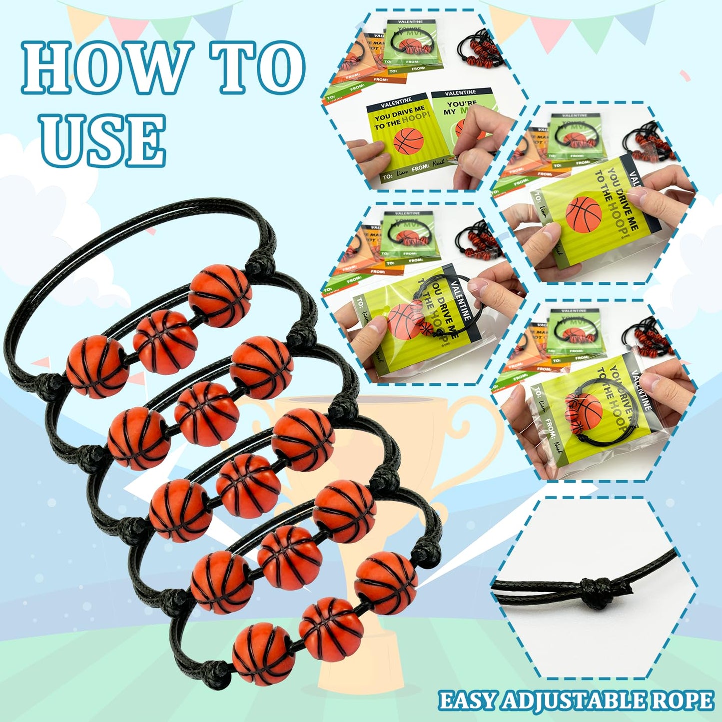 Kannove Basketball Valentines Bracelets - 30 Pack Classroom Gifts for Kids
